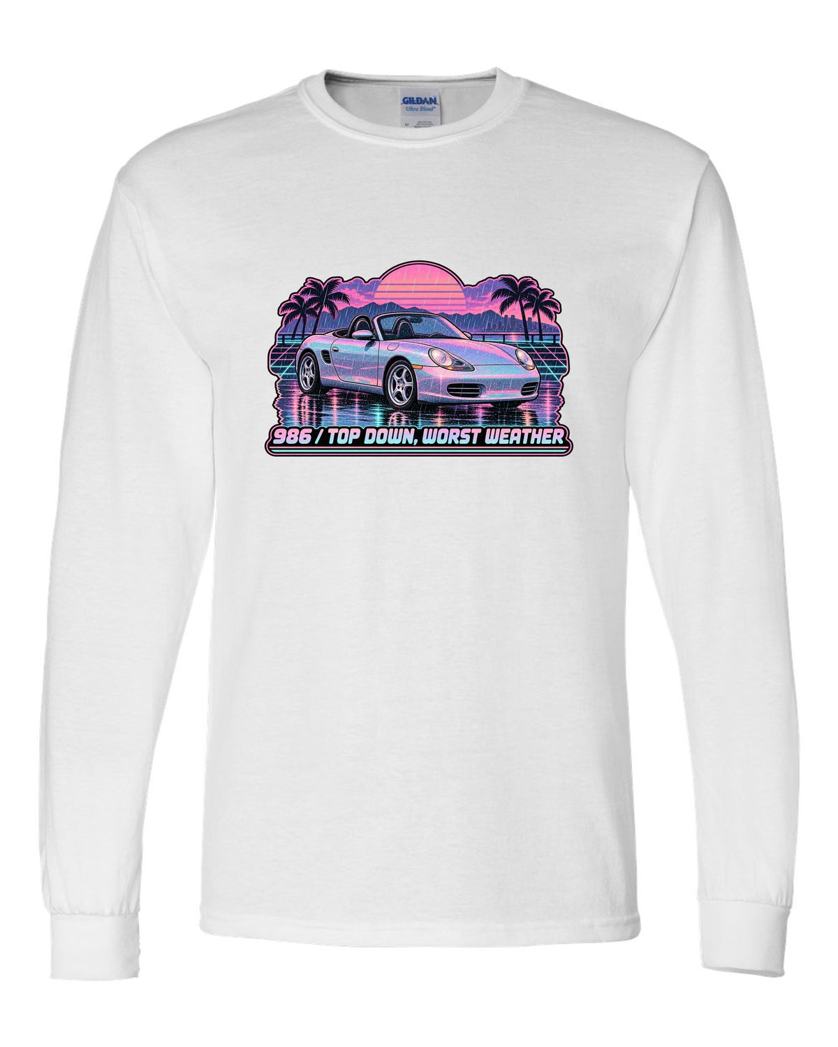 Lo-fi vaporwave Porsche Boxster 986 with the roof down white long sleeve front view with the design