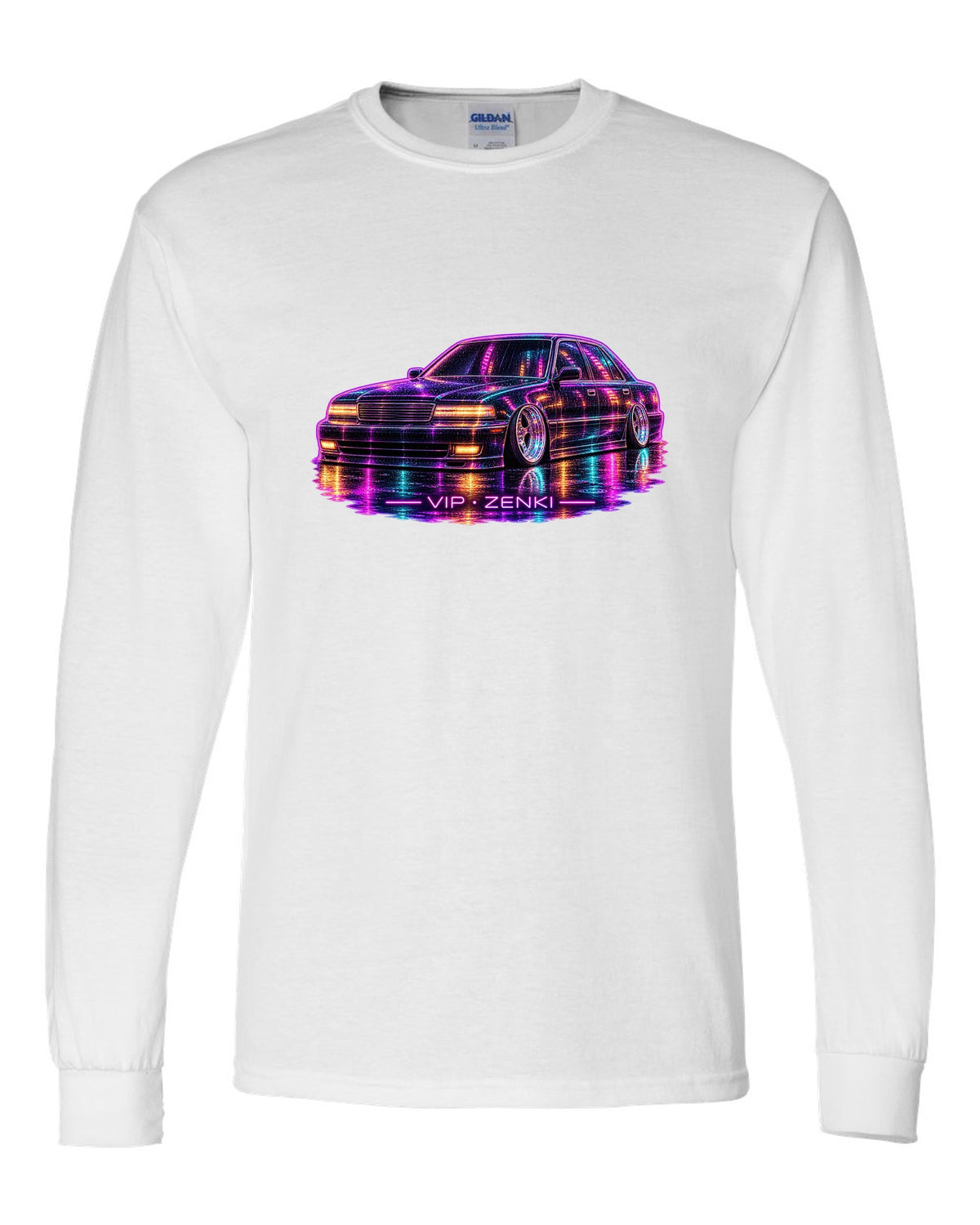 Neon line illustration of a slammed Japanese luxury sedan in the rain with VIP ZENKI lettering white long sleeve front view with the design