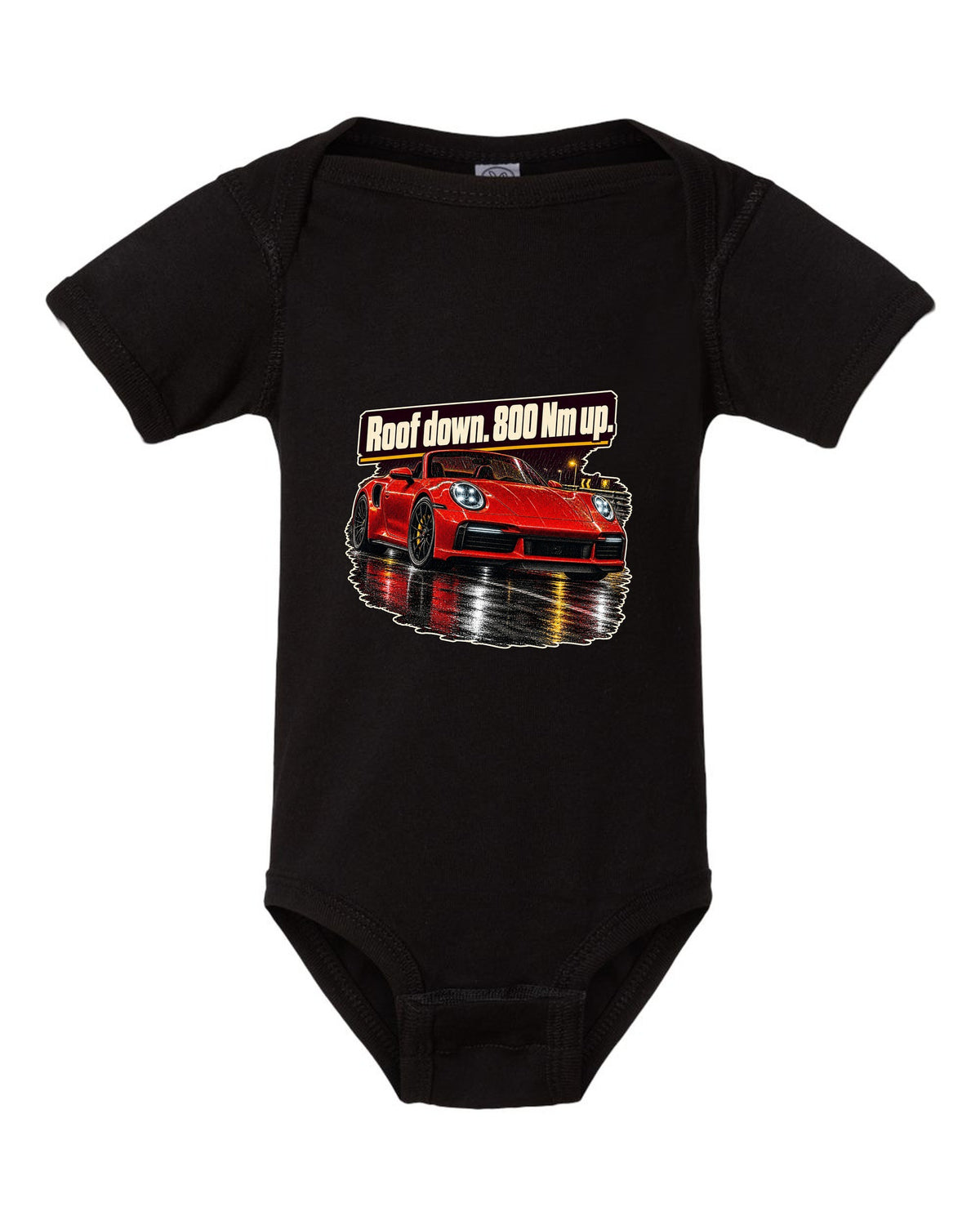 Night street print of a Porsche 992 Turbo S Cabriolet with roof down black baby onesie front view with the design