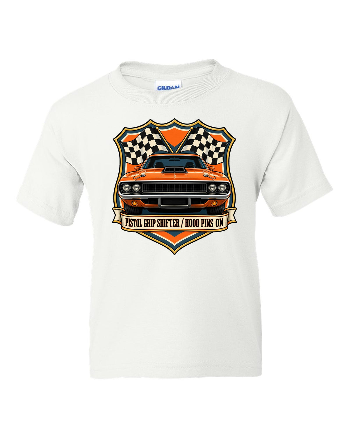 Shield crest design for a 1970 Dodge Challenger R/T E-body with pistol grip shifter caption white kids tee front view with the design