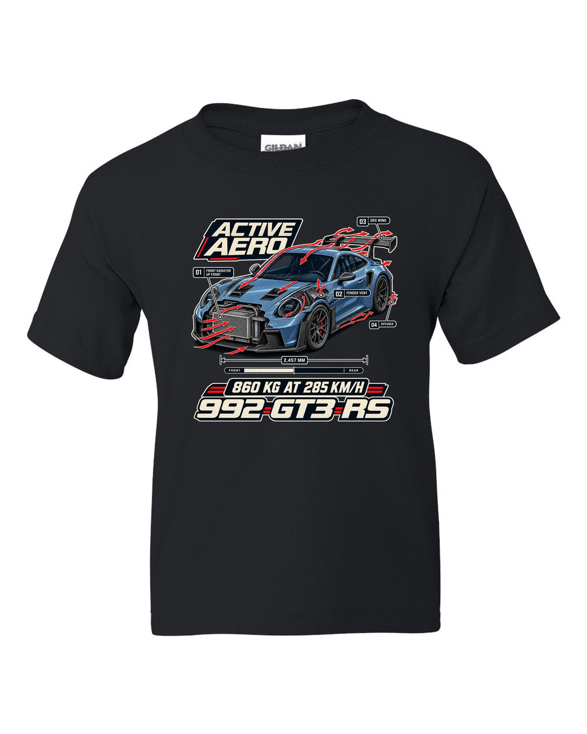 Porsche 992 GT3 RS aero and cutaway callouts print design black kids tee front view with the design