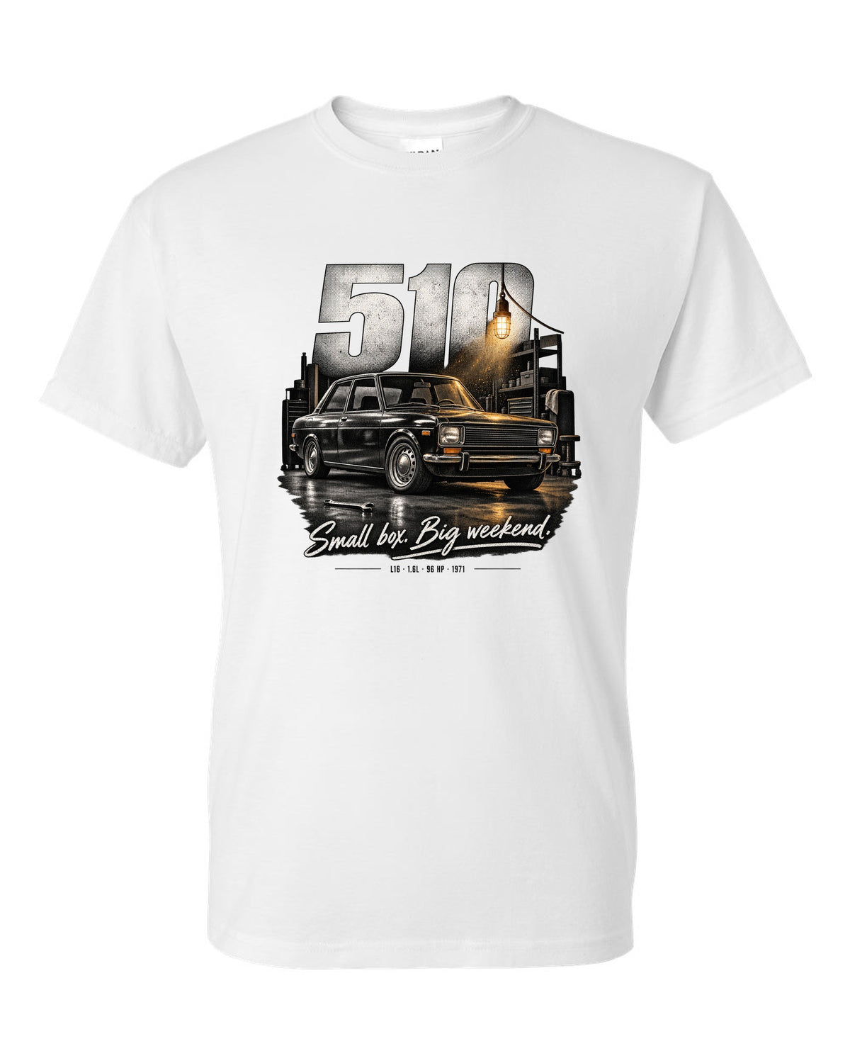Garage night print of a Datsun 510 sedan with L16 1.6L 96 HP text white t-shirt front view with the design