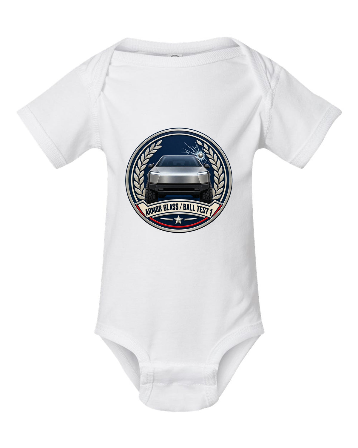 Round crest design of a 2023 Tesla Cybertruck with the words Armor Glass Ball Test 1 white baby onesie front view with the design