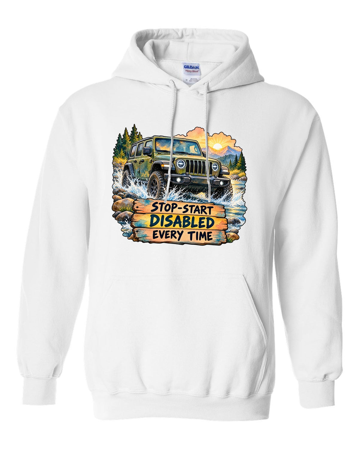 Watercolour night road print of a Jeep Wrangler JL with stop-start disabled text white pull over hoodie front view with the design