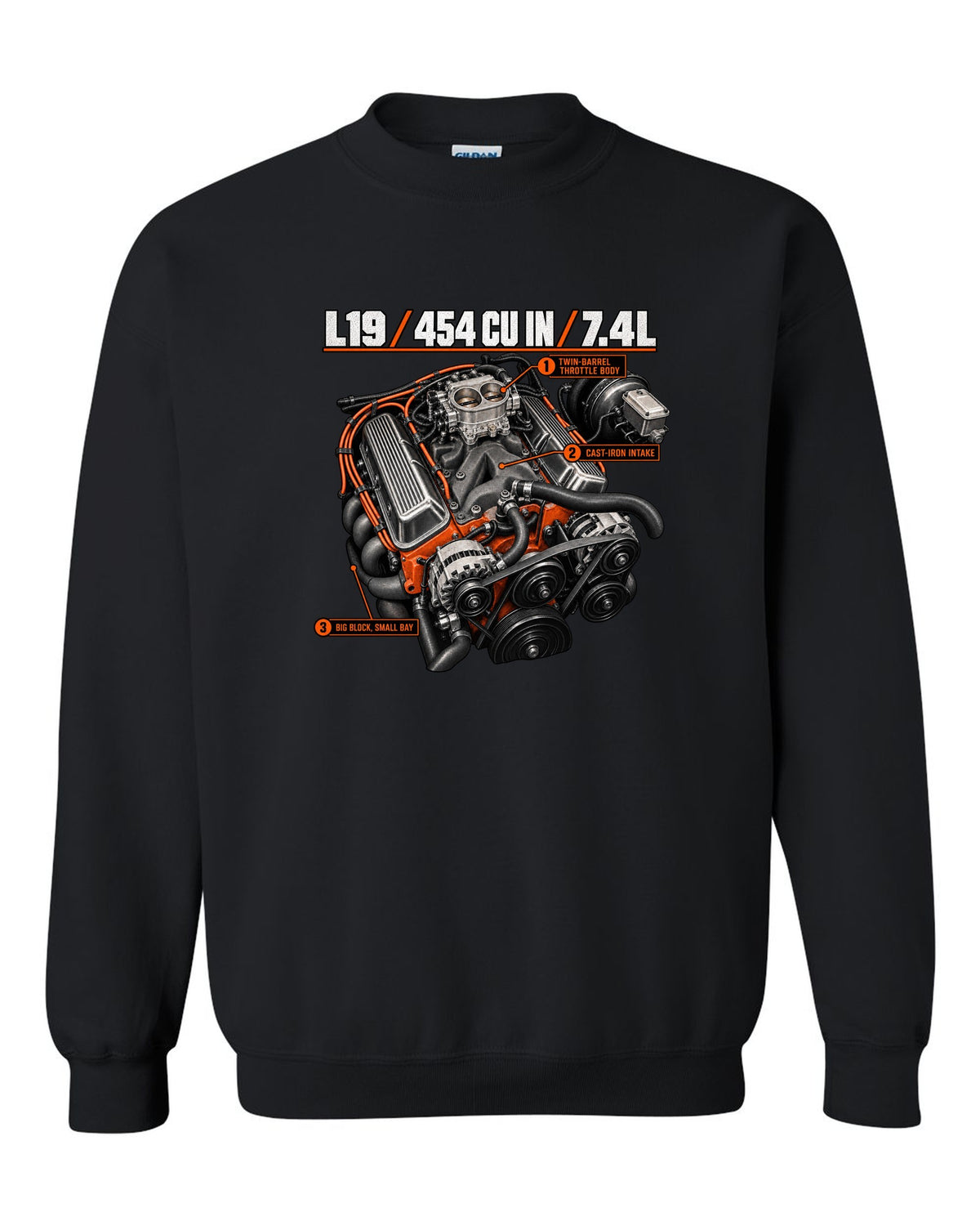 Chevy 454 SS L19 big-block engine diagram print black crewneck front view with the design
