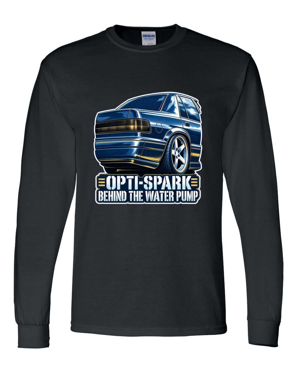 Blue cyanotype print of a 1994-96 Chevrolet Impala SS LT1 wheel with the text Opti-Spark Behind the Water Pump black long sleeve front view with the design