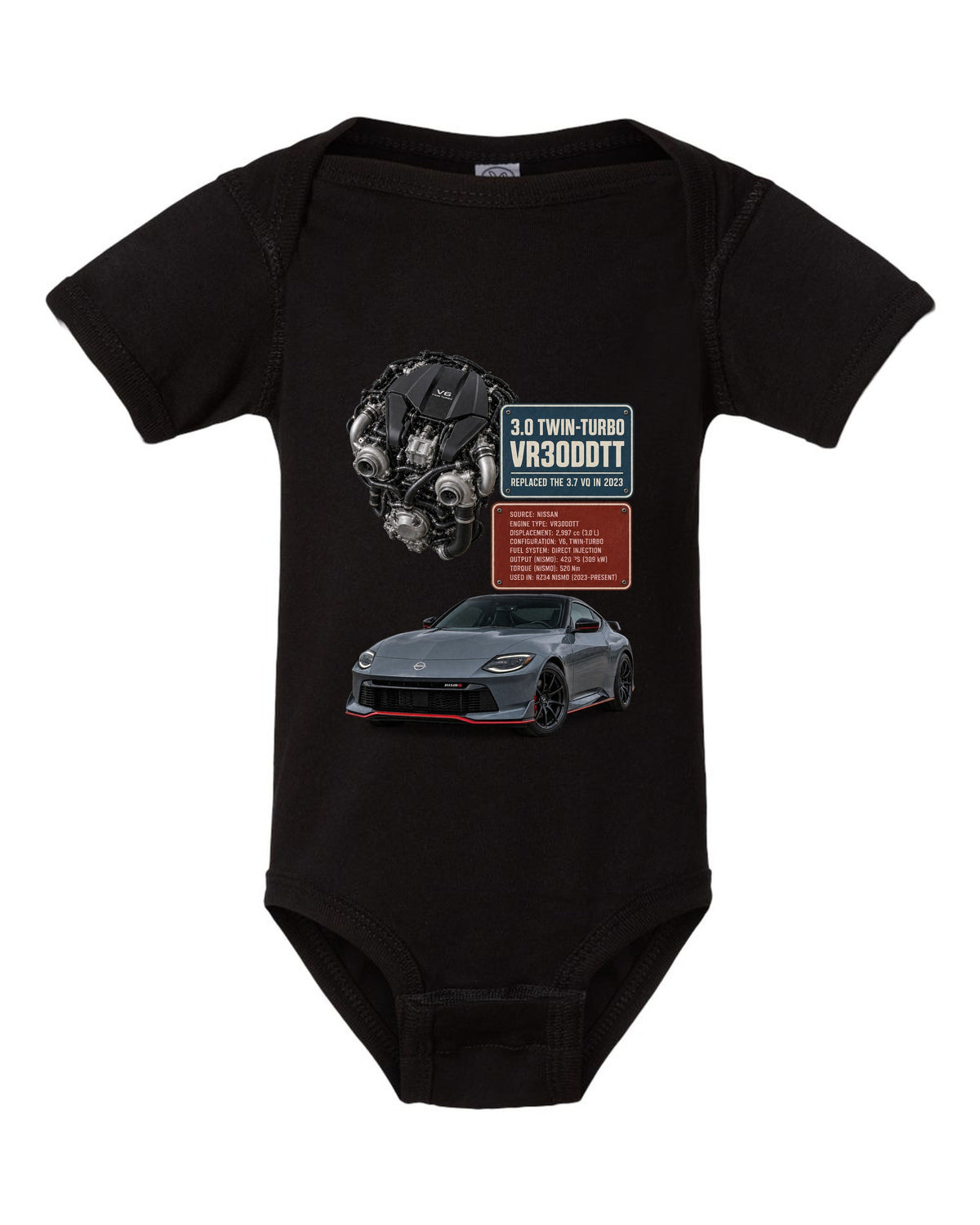 Three-view drawing and spec table of a 2023 Nissan Z RZ34 Performance in steel blue, six-speed manual black baby onesie front view with the design