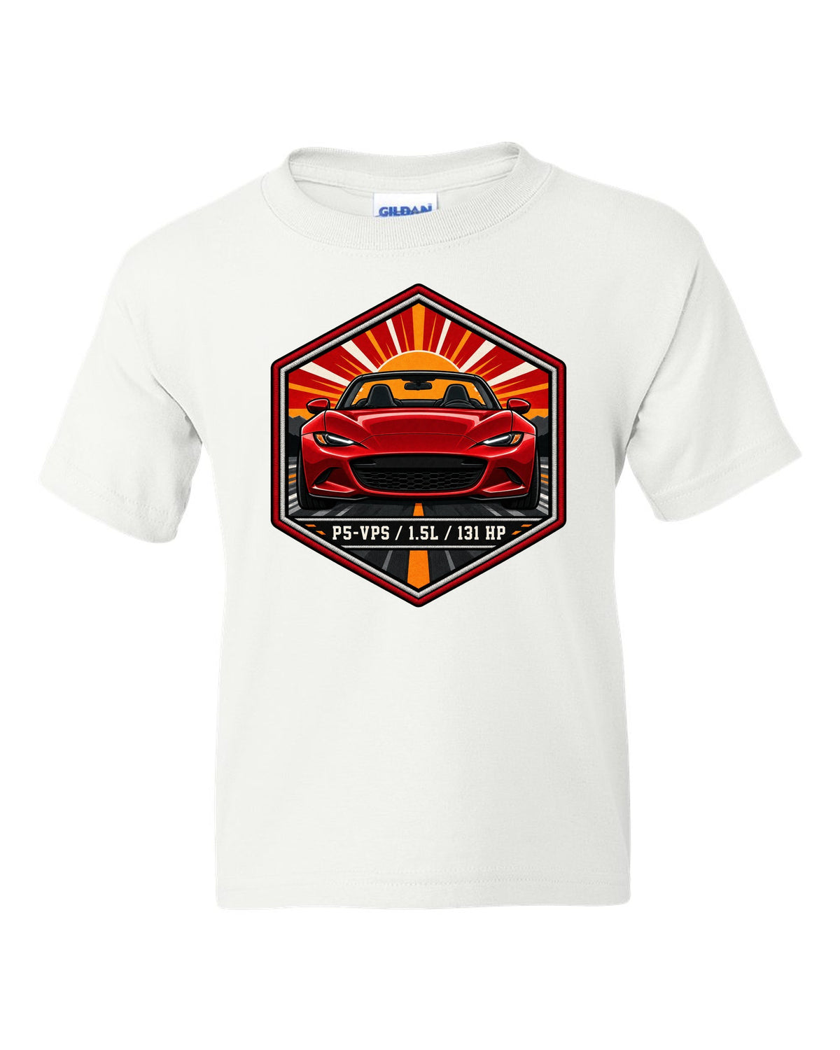 Embroidery-style hex crest of a Mazda MX-5 ND with P5-VPS 1.5L 131 HP text white kids tee front view with the design