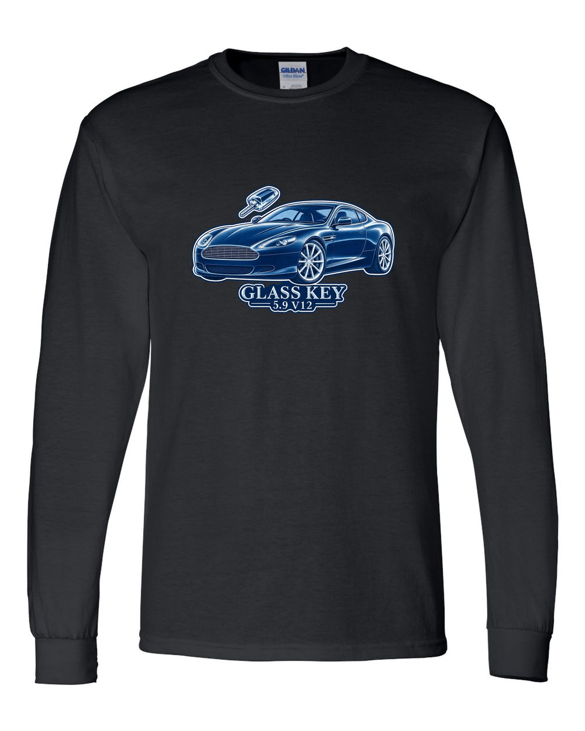 Cel-shaded anime night street print of a 2005 Aston Martin V8 Vantage in rain with glass key lettering black long sleeve front view with the design