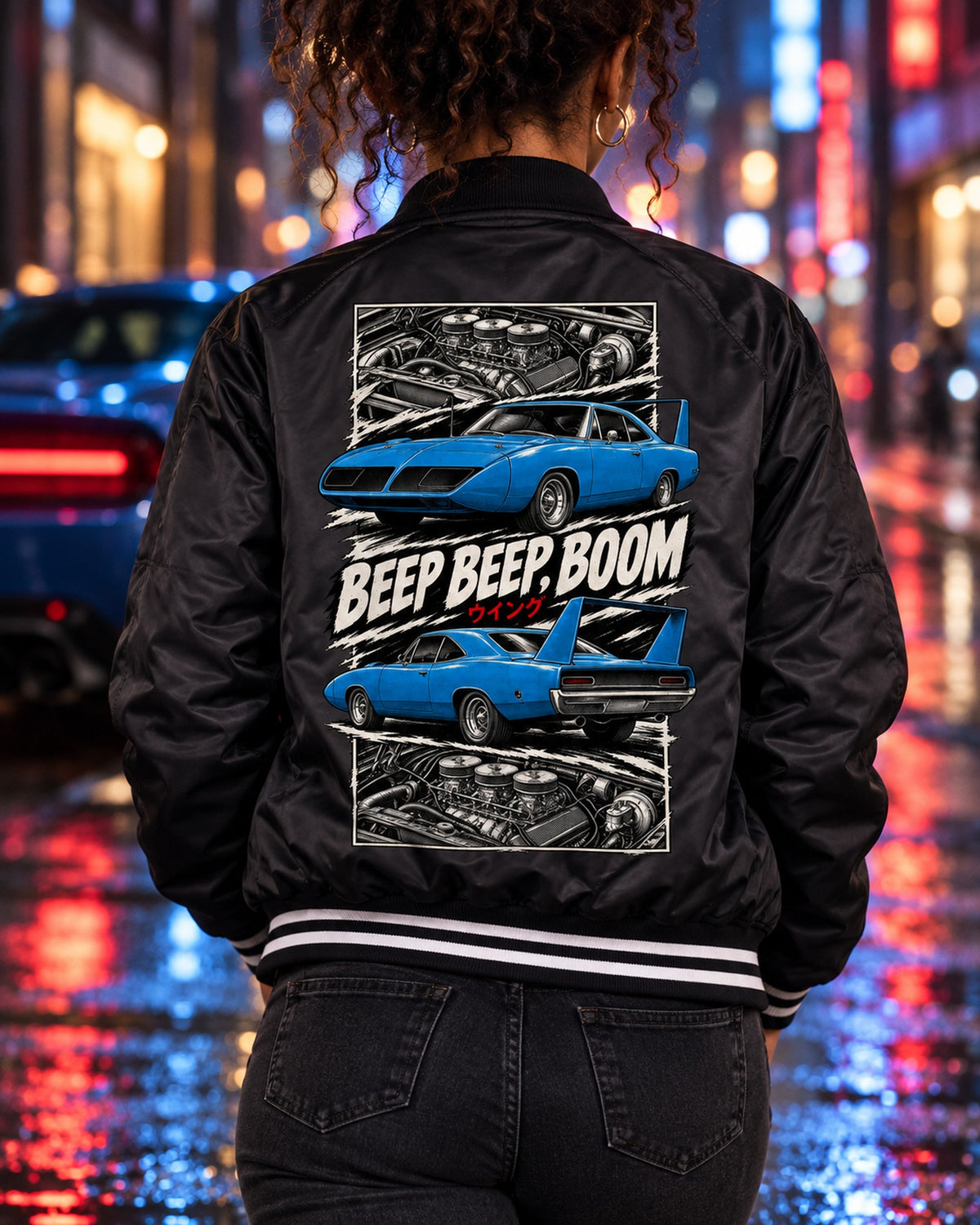 Plymouth Superbird Torn Poster Full-Back Graphic Tee Bomber Jacket Black worn hero