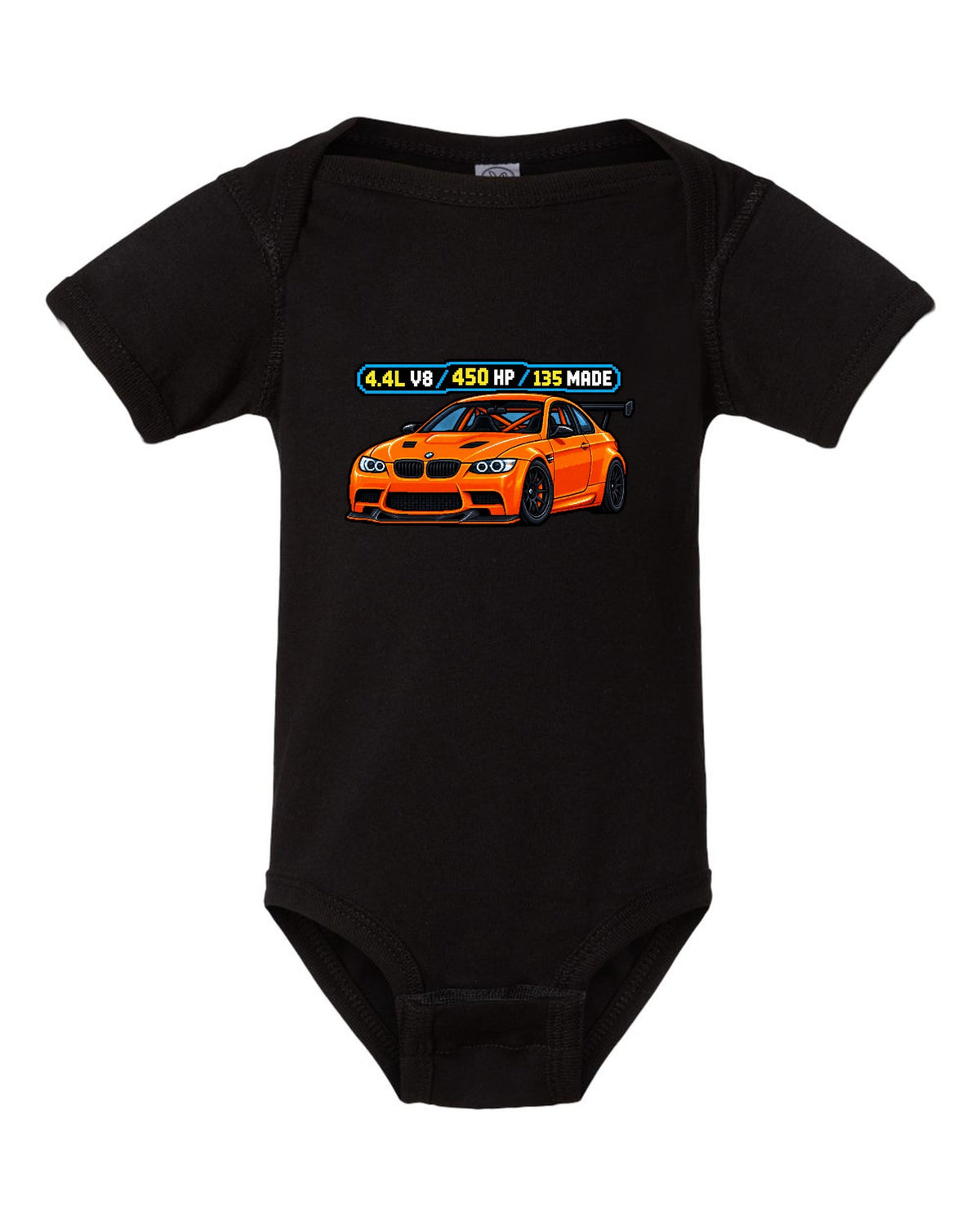 Pixel art print of an orange BMW E92 M3 GTS with 4.4L V8, 450 HP and 135 made text black baby onesie front view with the design