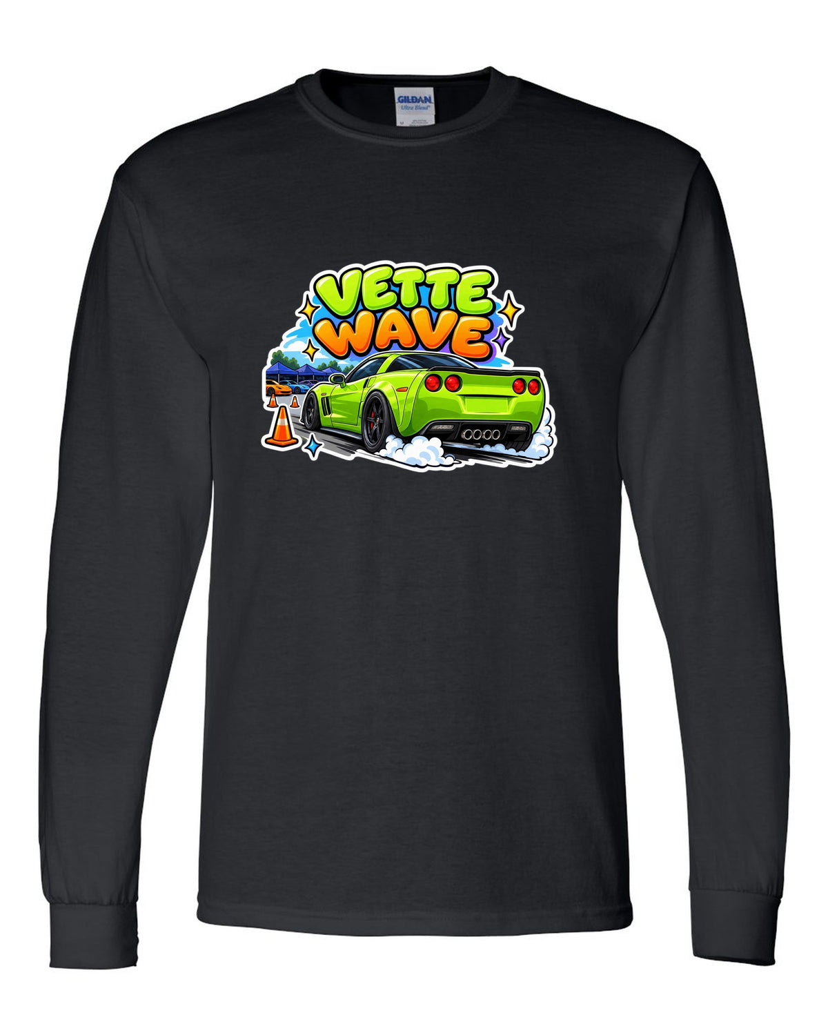 Cartoon sticker sheet print of a 2008 Chevrolet Corvette C6 Z06 with Vette Wave lettering black long sleeve front view with the design