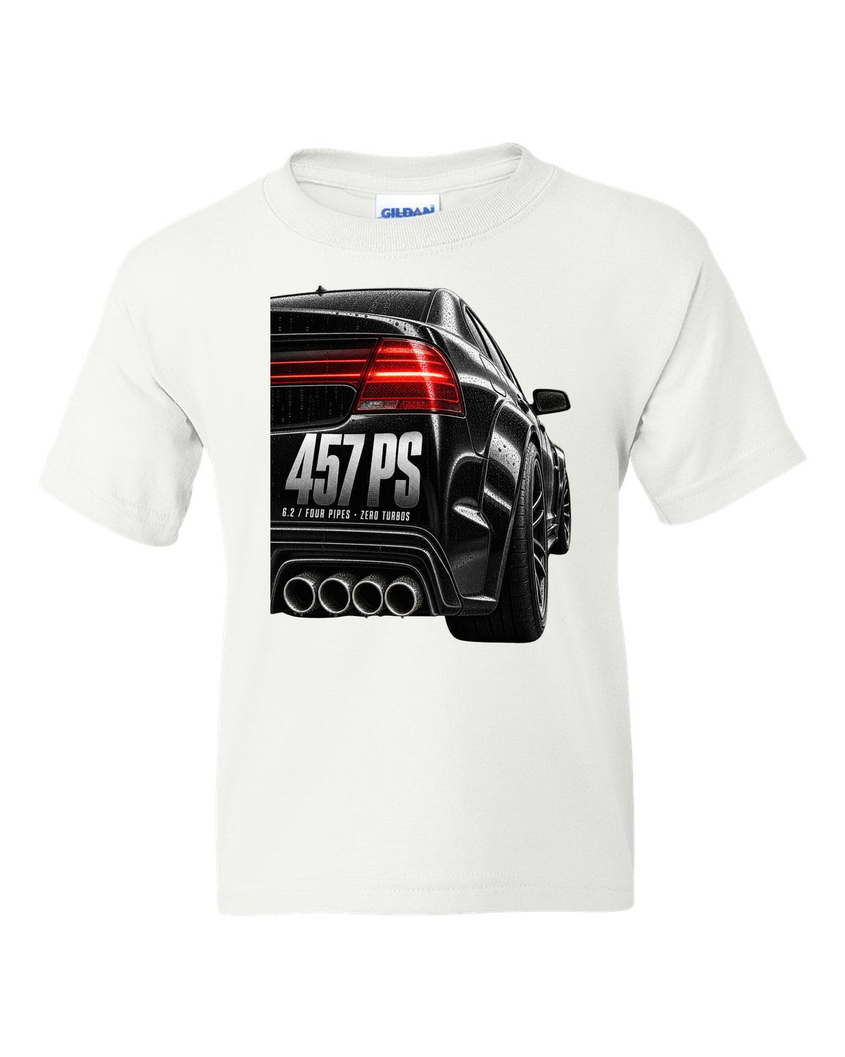 print taillight close-up of a Mercedes W204 C63 sedan with text 457 PS, 6.2, four pipes, zero turbos white kids tee front view with the design