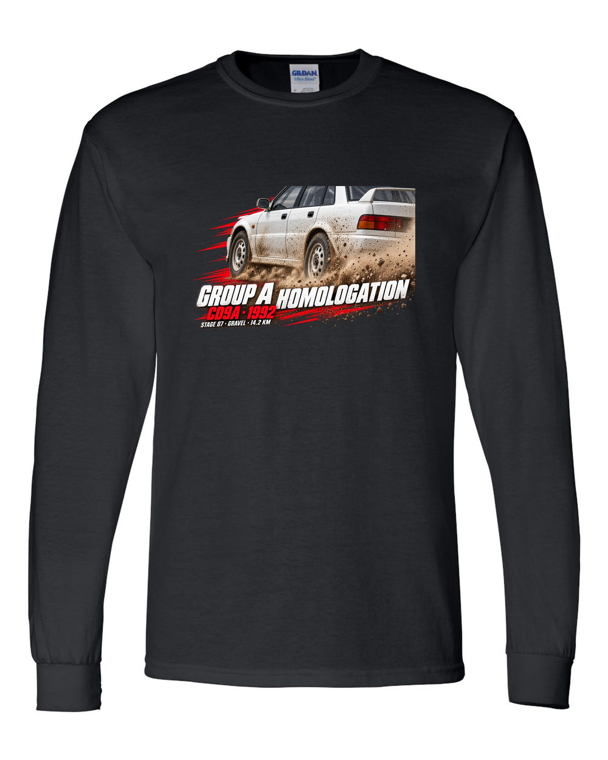 Rally poster print for the Mitsubishi Lancer Evolution I CD9A reading Group A Homologation, 1992, Stage 07 gravel black long sleeve front view with the design