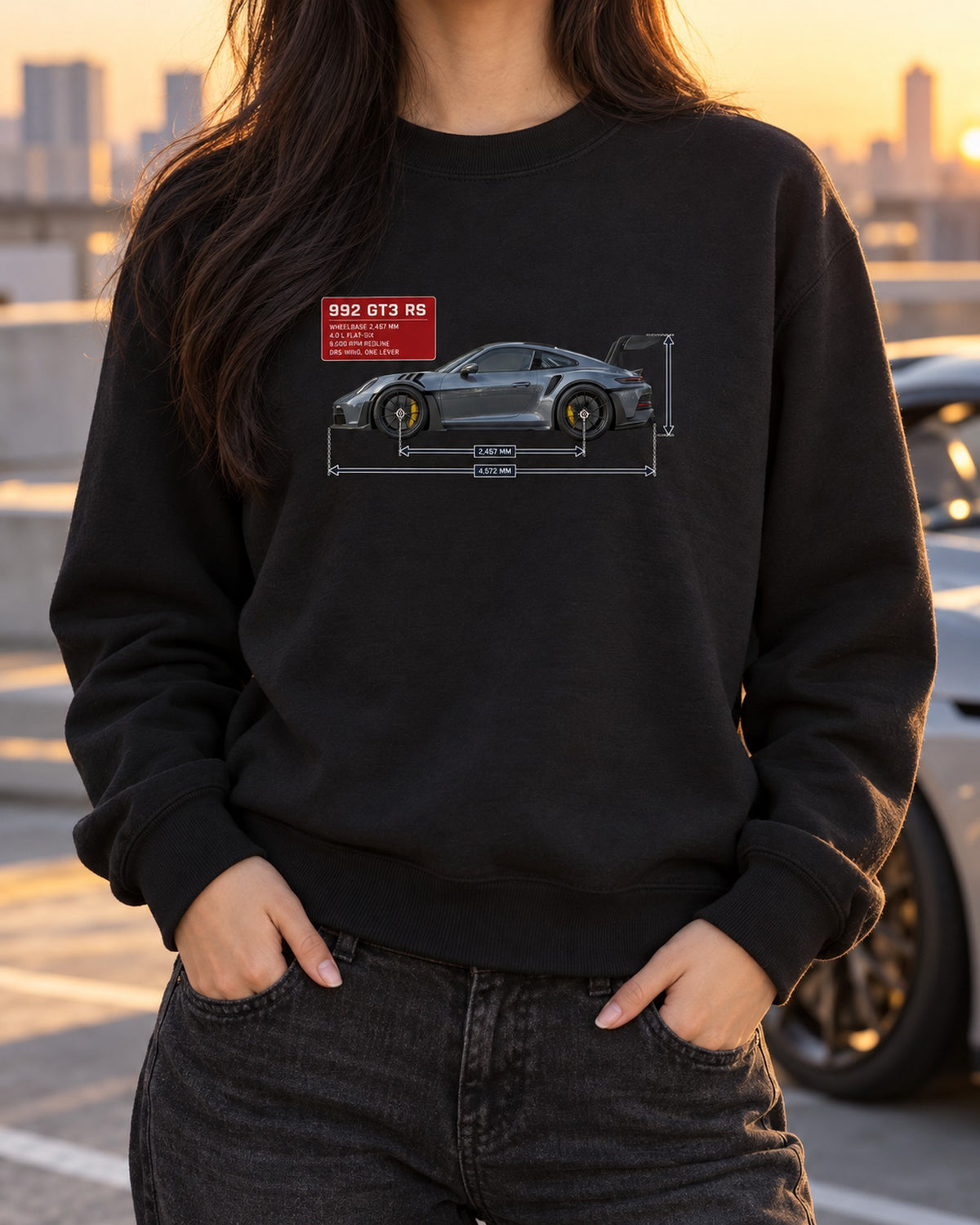 Porsche 992 GT3 RS Dimension Blueprint Shirt, Car Guy Gift Crewneck Black worn hero
