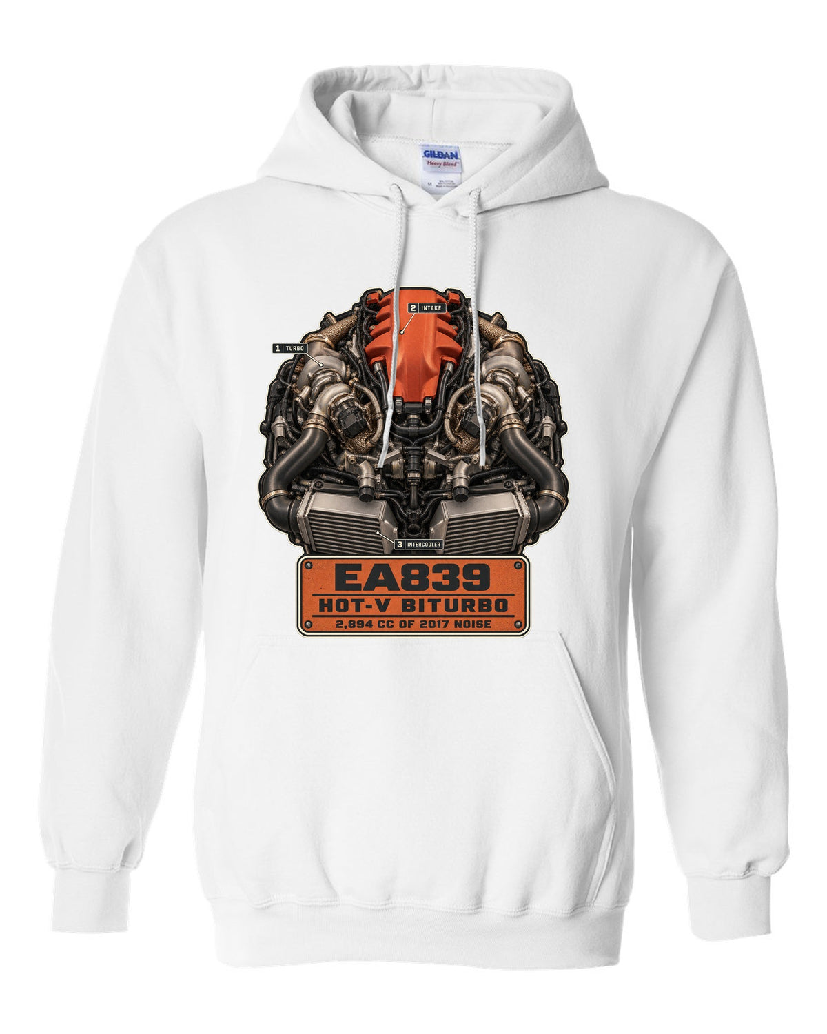 Engine hero poster of the Audi RS5 B9 EA839 hot-V biturbo white pull over hoodie front view with the design