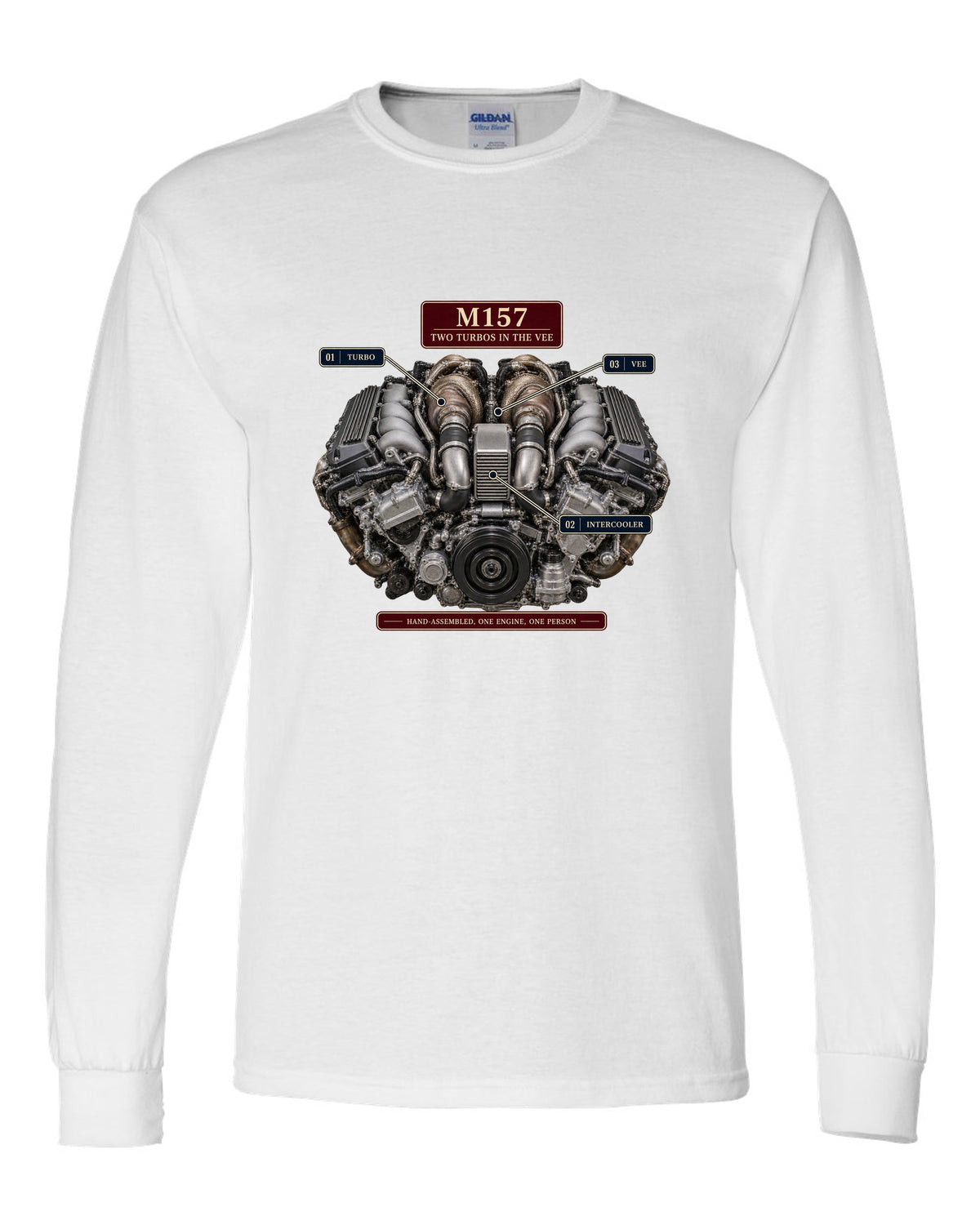 Engine hero print of the Mercedes-AMG M157 5.5 biturbo V8 from the W212 E63 S white long sleeve front view with the design