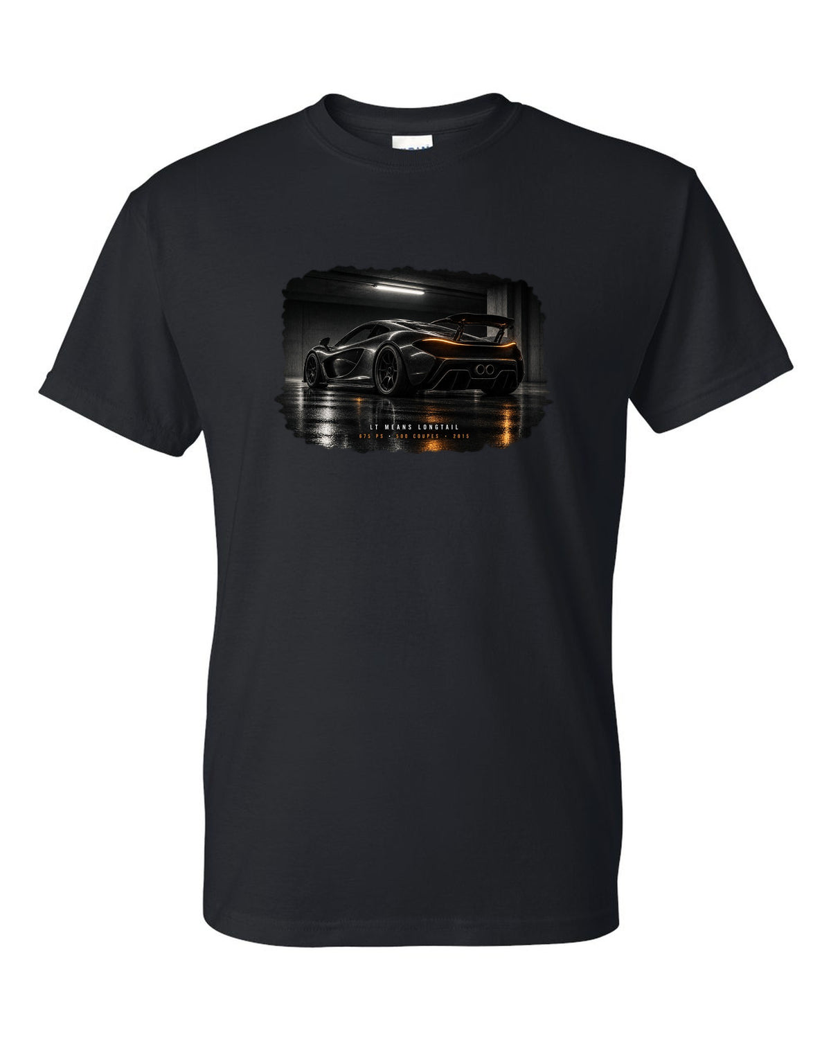 Garage night print of a 2015 McLaren 675LT with Longtail and 500 coupes text black t-shirt front view with the design