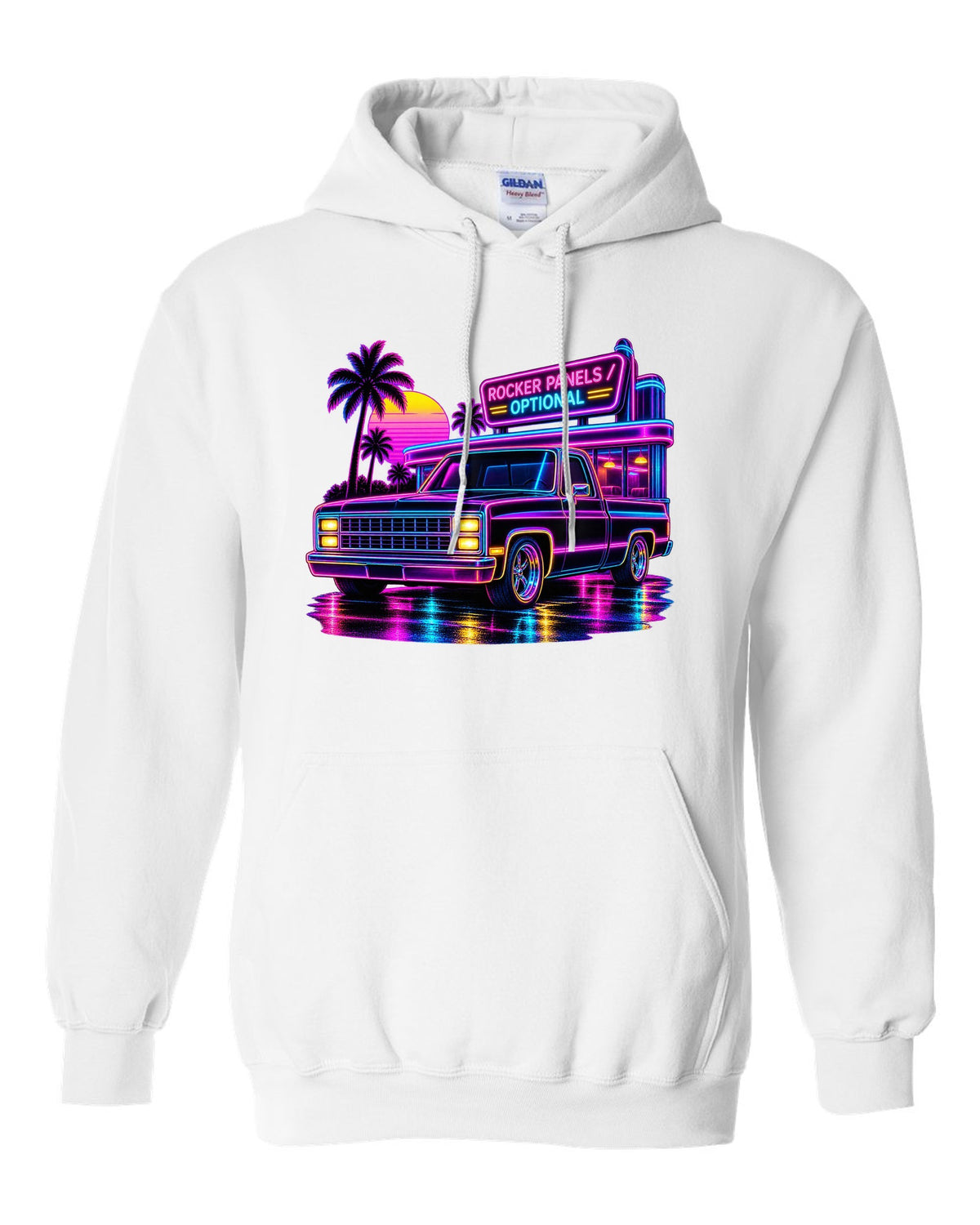 Neon synthwave line art print of a 1973-87 Chevrolet C10 Squarebody at a diner with rocker panels optional lettering white pull over hoodie front view with the design