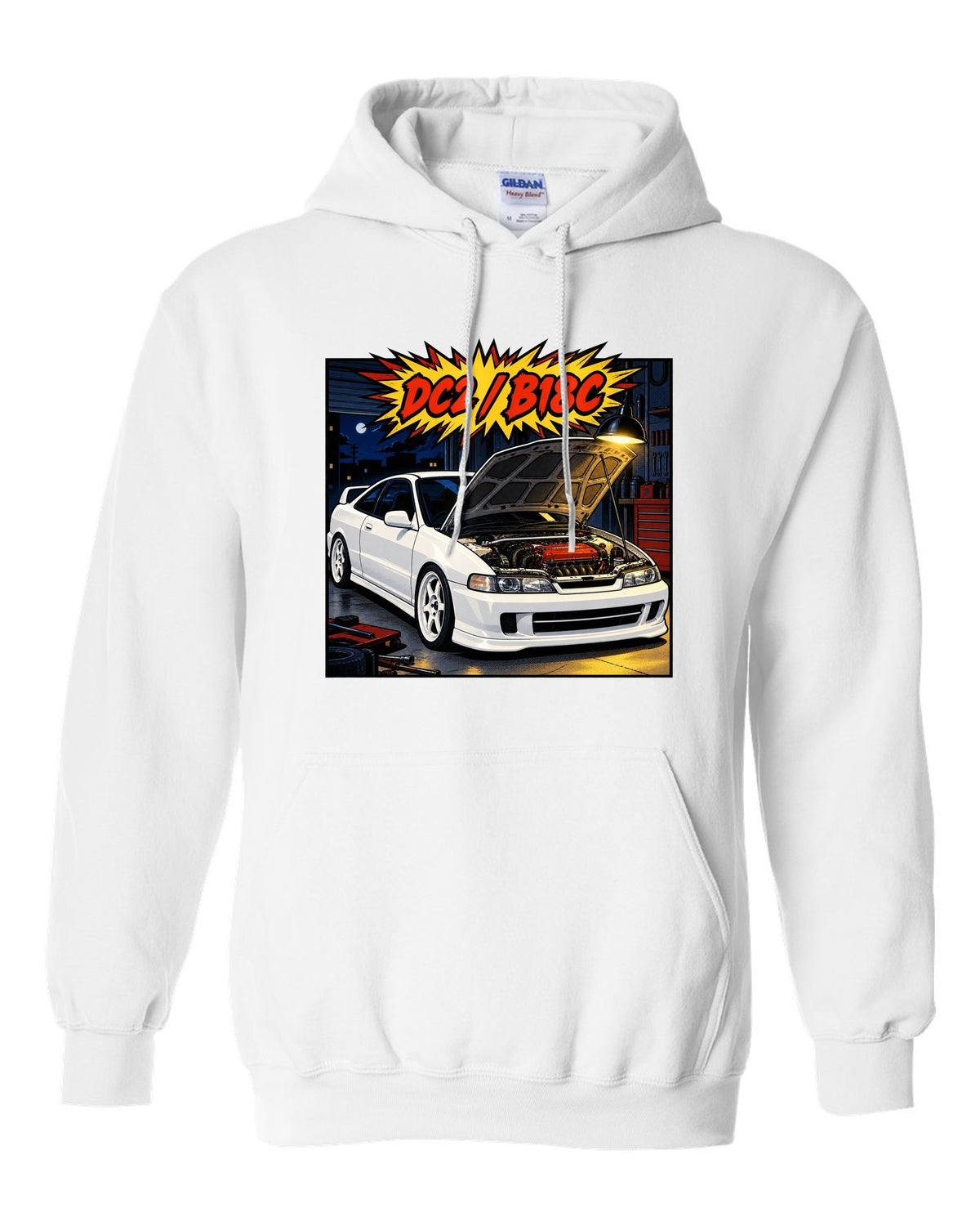 Comic book panel action burst print of a Honda Integra Type R DC2 with bonnet up and B18C text white pull over hoodie front view with the design