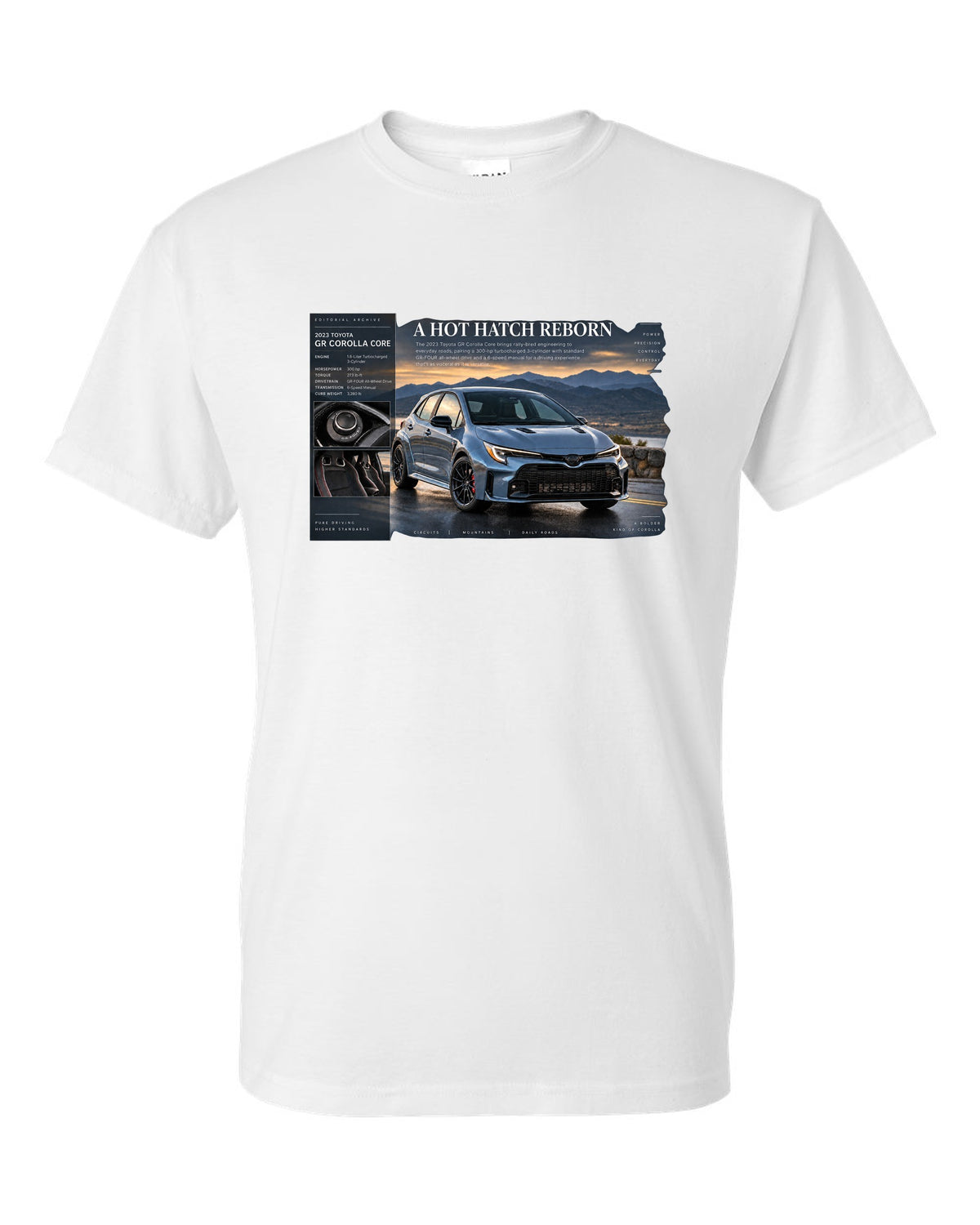 Toyota GR Corolla Core 2023 front three-quarter archive panel white t-shirt front view with the design