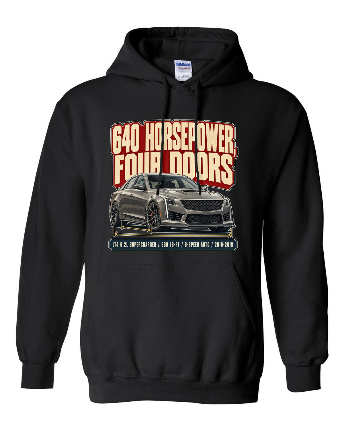 Editorial headline print for a 2016-19 third generation Cadillac CTS-V black pull over hoodie front view with the design