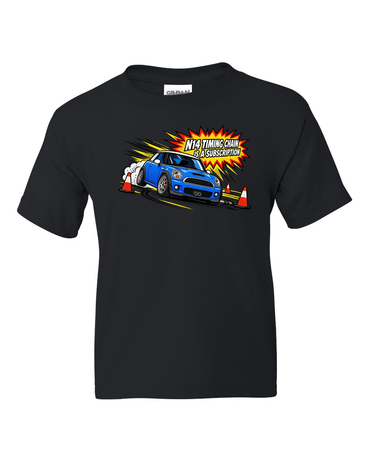 Comic halftone pop-art Mini Cooper S R56 with N14 timing chain joke black kids tee front view with the design