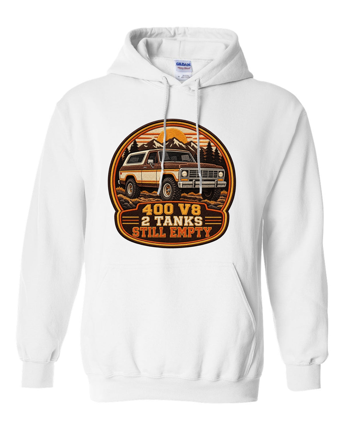 Varsity crest print for a 1978-79 full-size Ford Bronco with 400 V8 and two tanks text white pull over hoodie front view with the design
