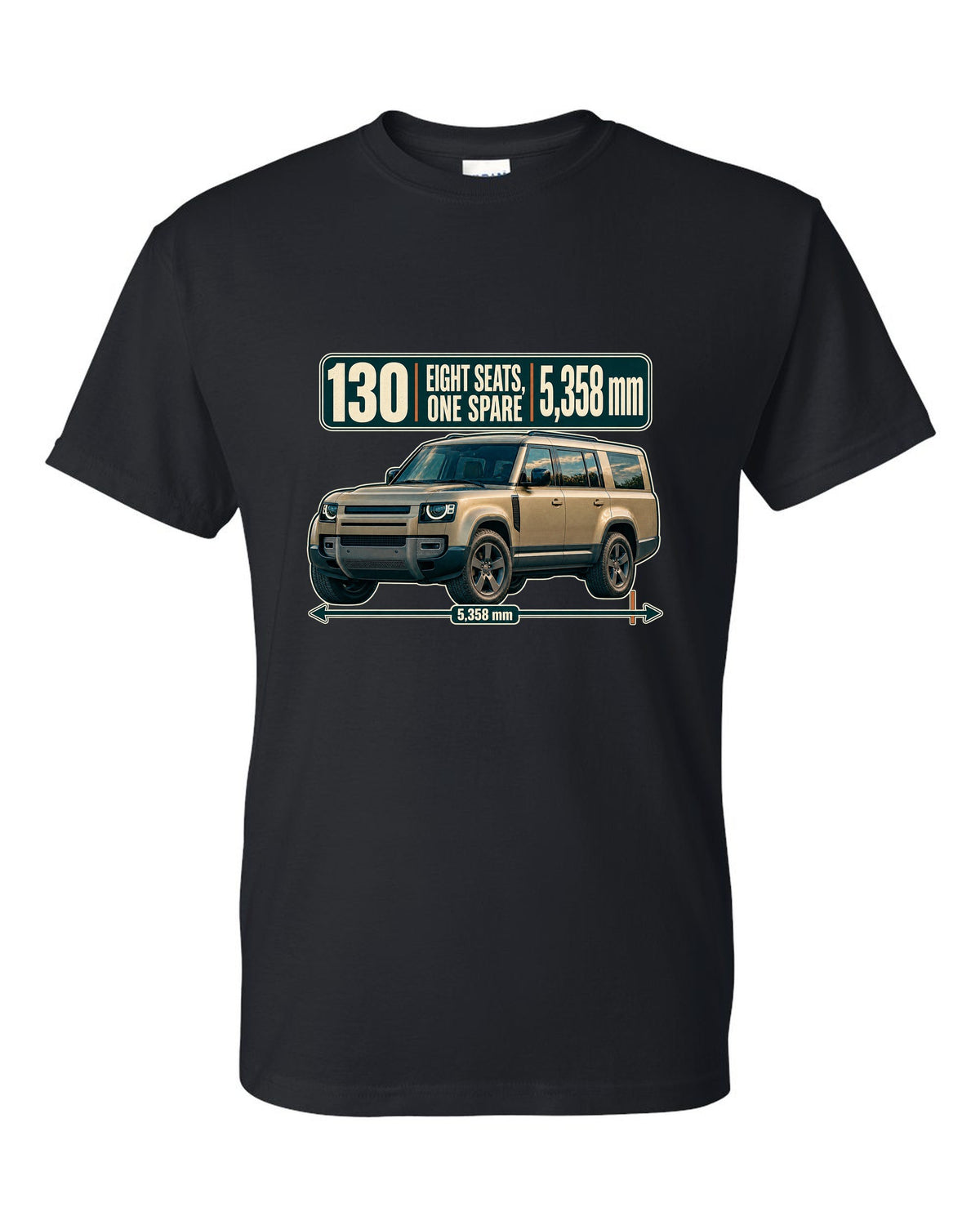 Editorial headline print for the Land Rover Defender 130 L663 with eight seats and length black t-shirt front view with the design