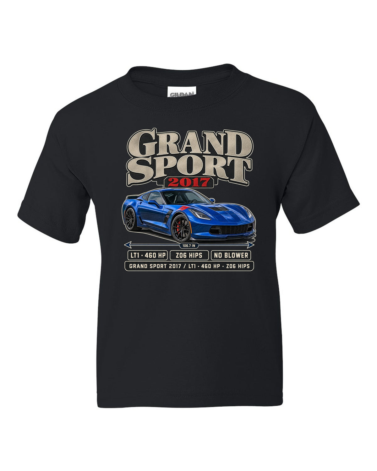 print of a Chevrolet Corvette C7 Grand Sport archive panel with LT1 and 460 HP text black kids tee front view with the design