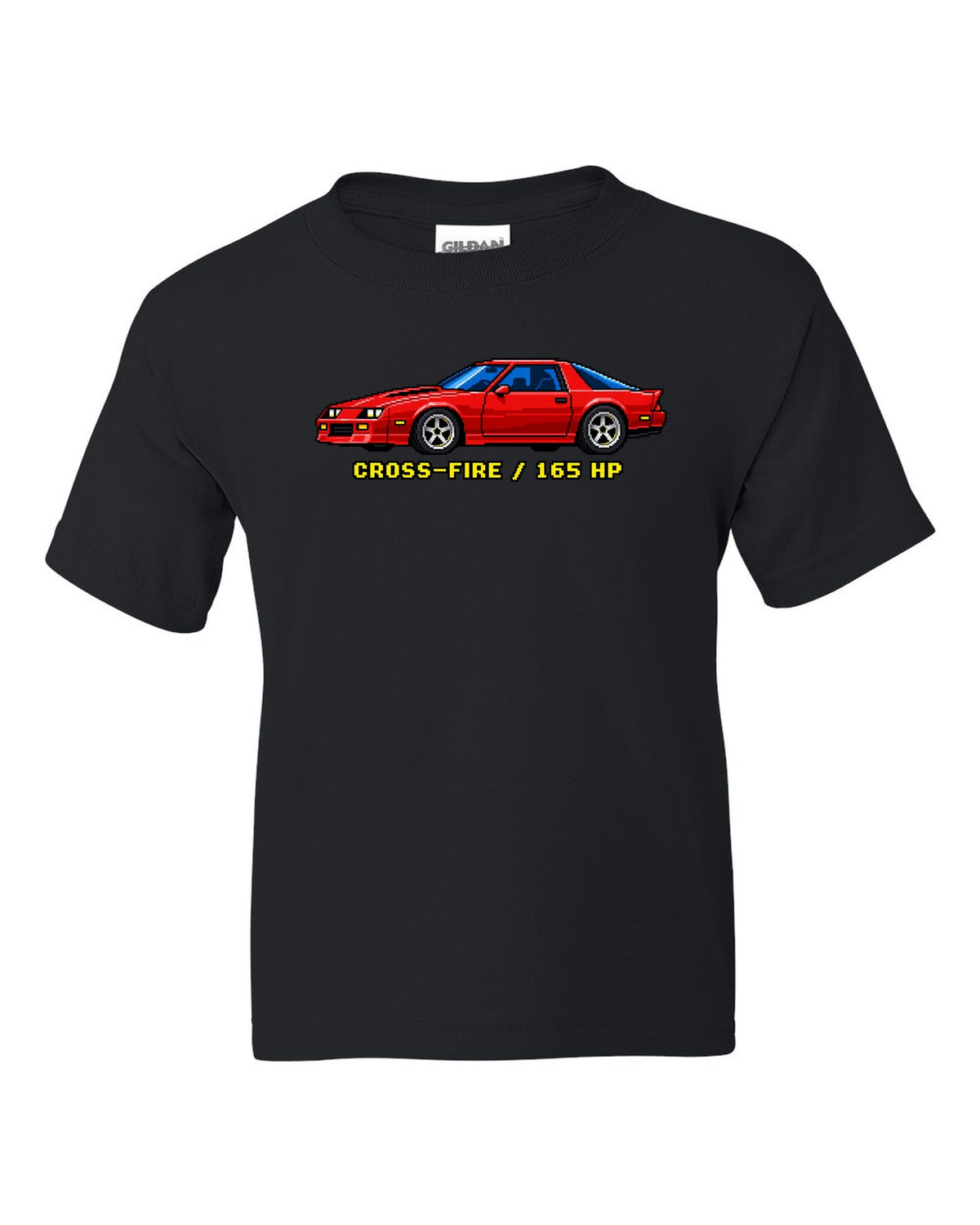 1982 Camaro Z28 third-generation chback in 16-bit pixel art with Cross-Fire 165 HP text black kids tee front view with the design
