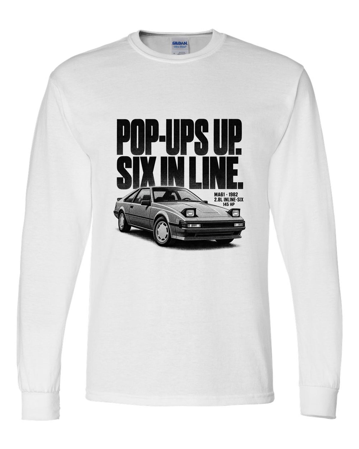 Halftone print of a Toyota Supra A60 MA61 wedge with the text Pop-Ups Up Six In Line white long sleeve front view with the design