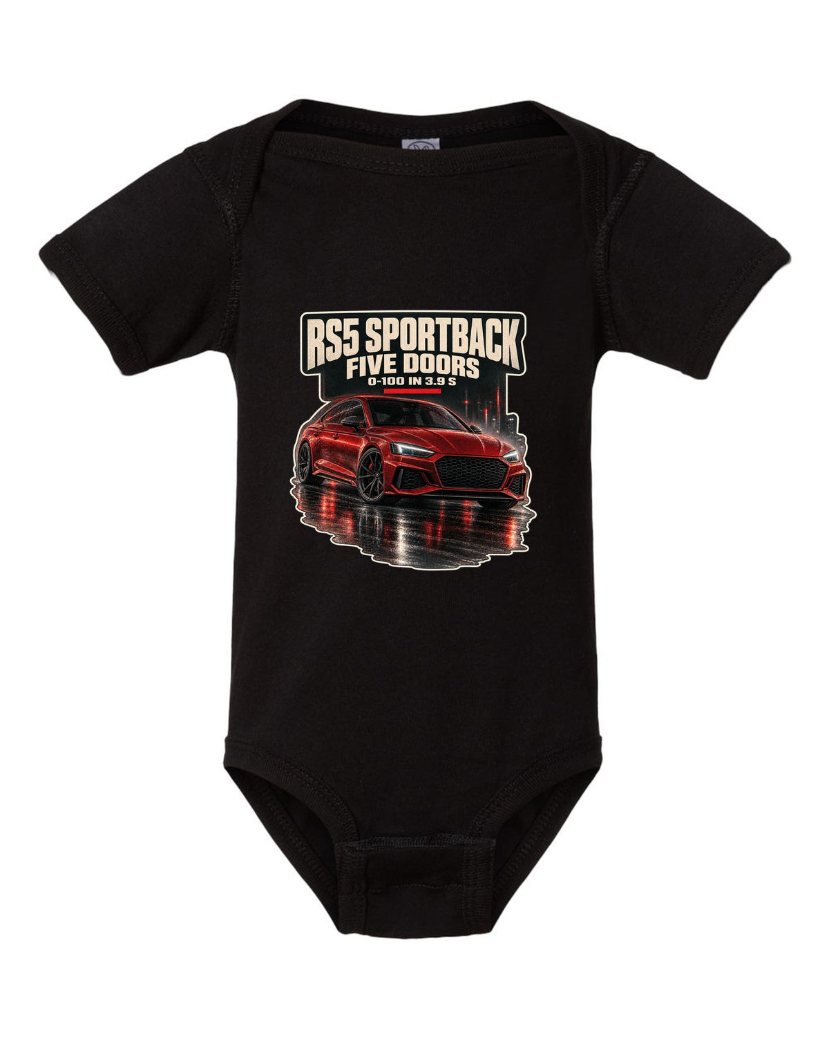 Night street scene of an Audi RS5 Sportback B9 facelift black baby onesie front view with the design