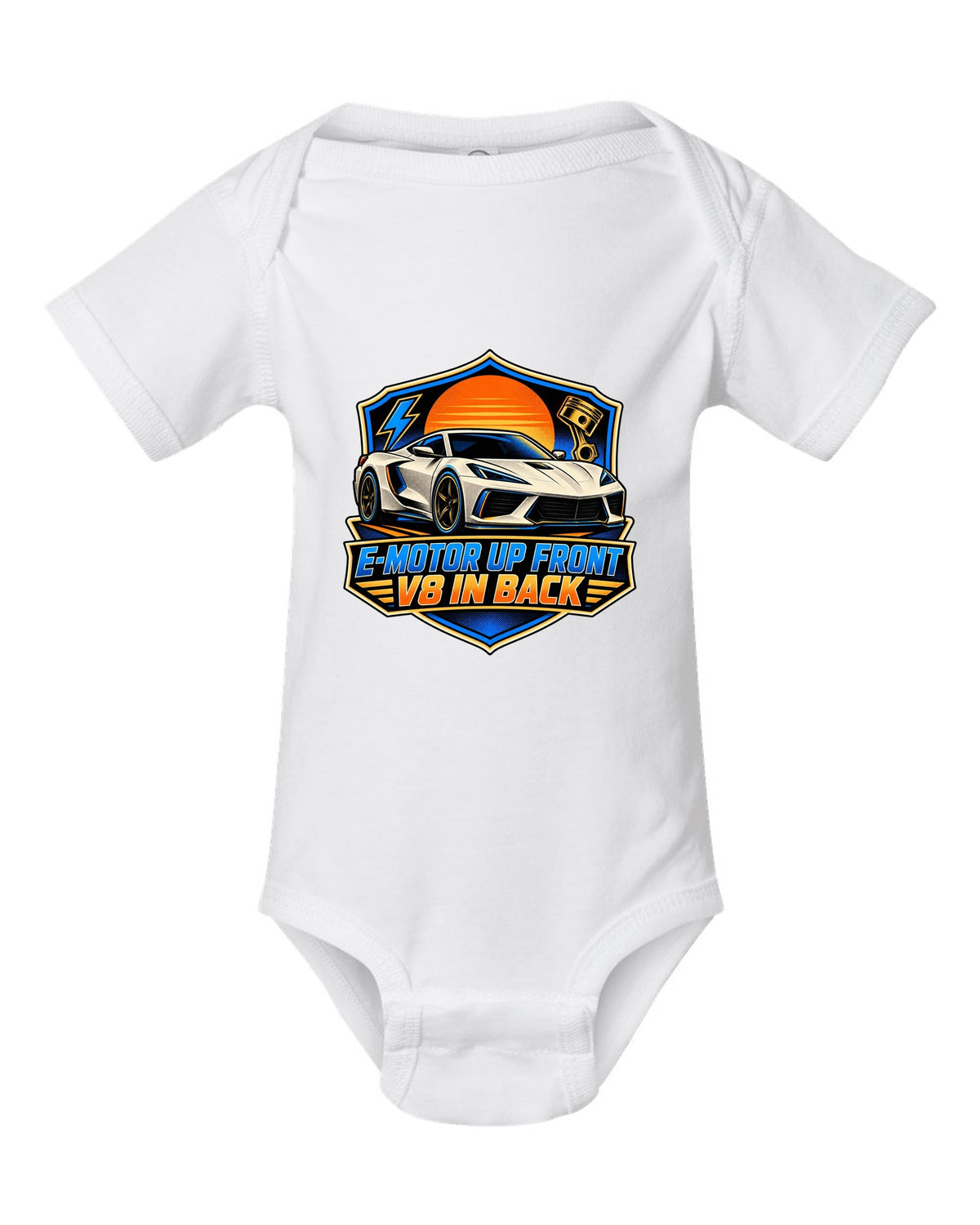 Comic halftone panel of a 2020 C8 Corvette Stingray with e-motor and V8 lettering white baby onesie front view with the design