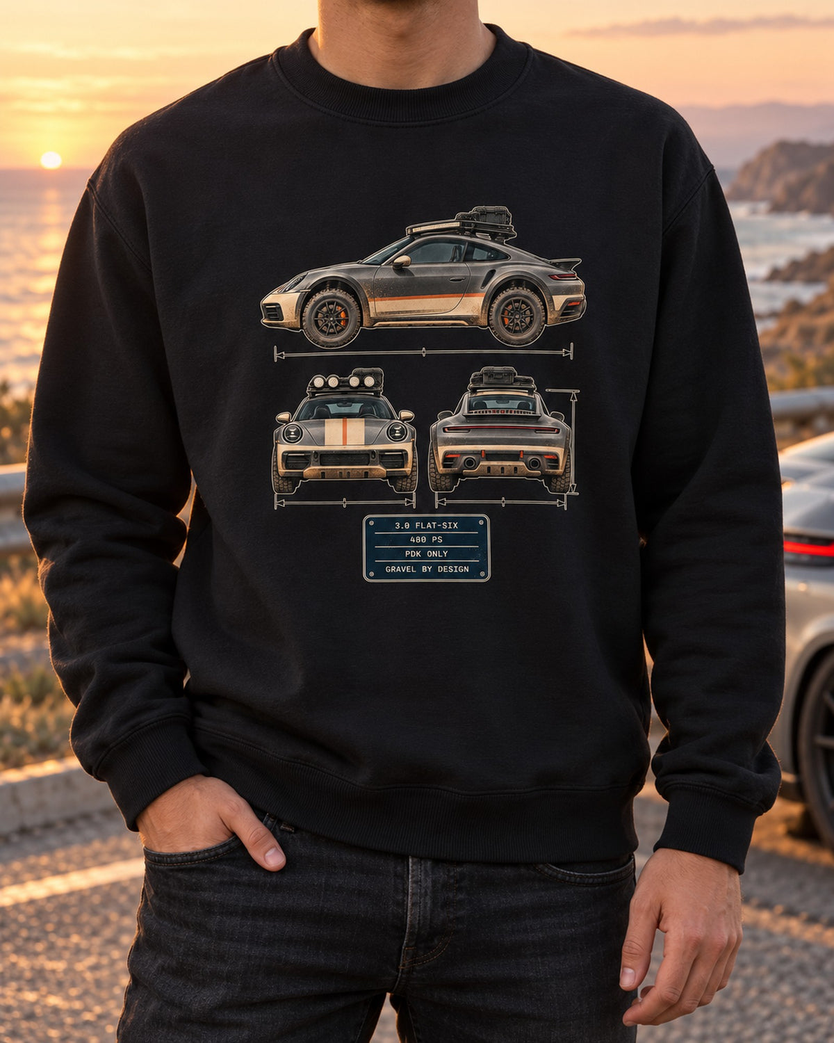 Porsche 911 Dakar Three-View Spec Table Tee, Off-Road 911 Crewneck Black worn hero