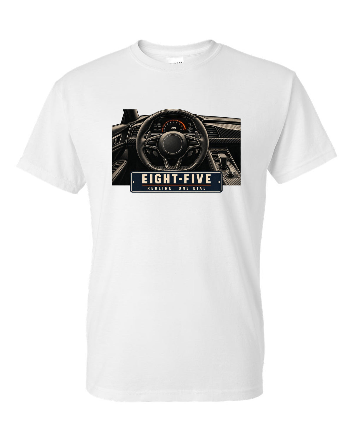 Cockpit and single dial of the Koenigsegg Jesko with carbon tub and flat dash, print white t-shirt front view with the design