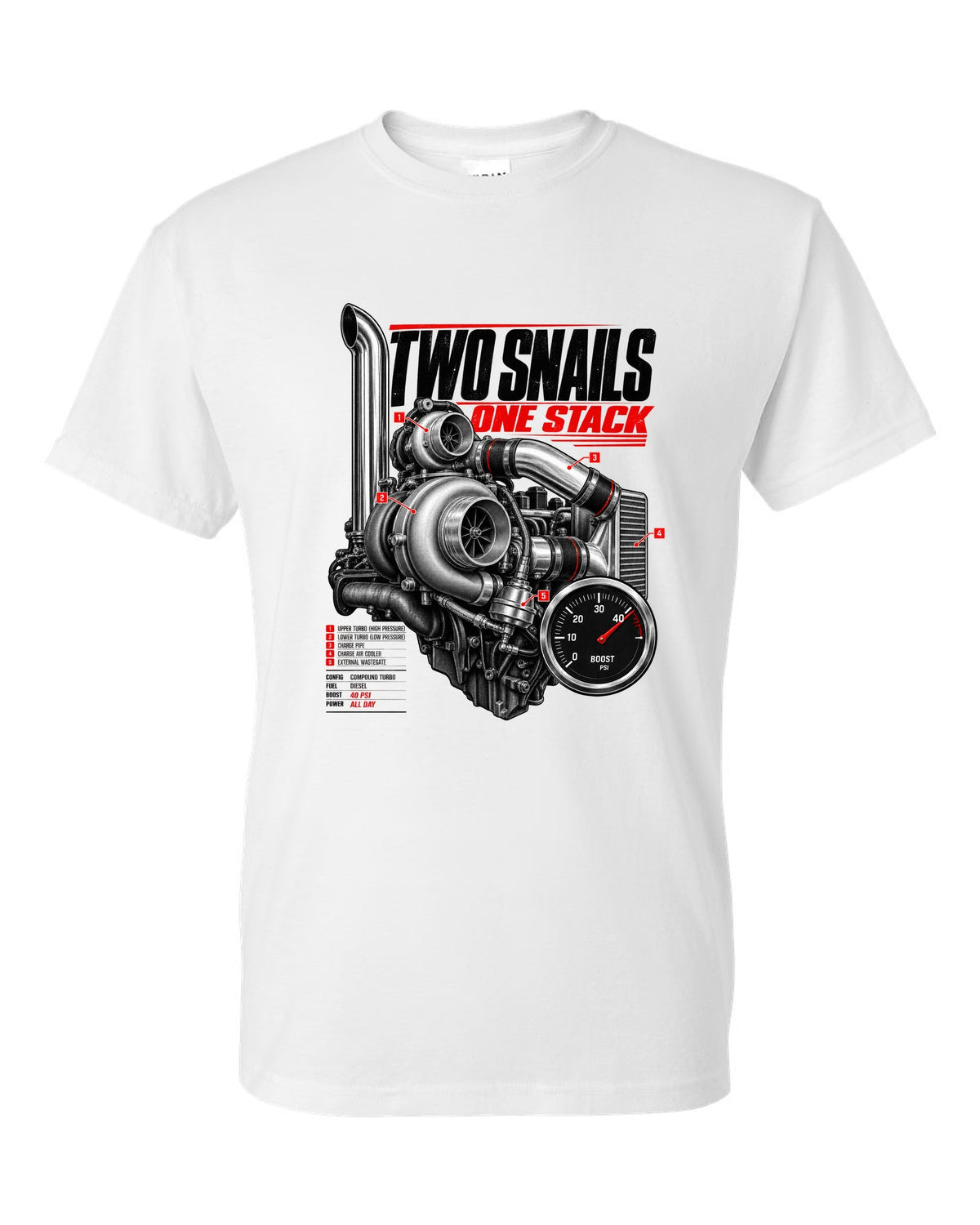 Engine hero print of a compound turbo diesel pickup boost gauge reading 40 psi white t-shirt front view with the design