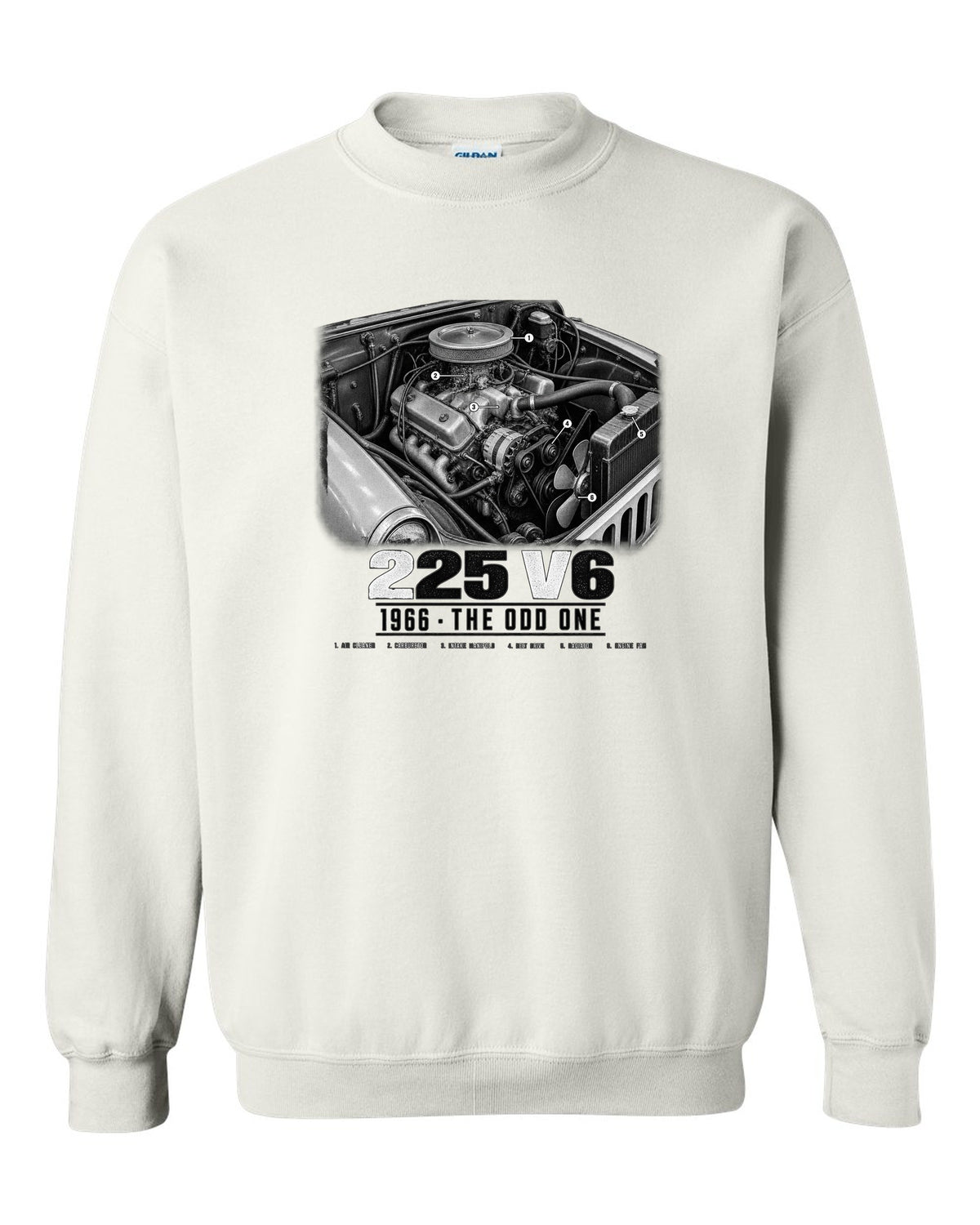 Engine hero print for the Jeep CJ-5 225 V6, 1966 white crewneck front view with the design