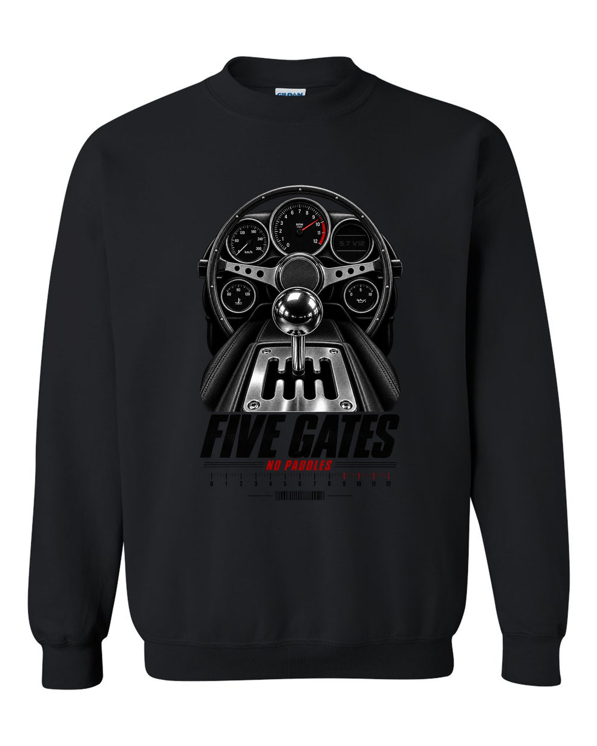 print of a Lamborghini Diablo cockpit with gated five-speed shifter and 5.7 V12 text black crewneck front view with the design