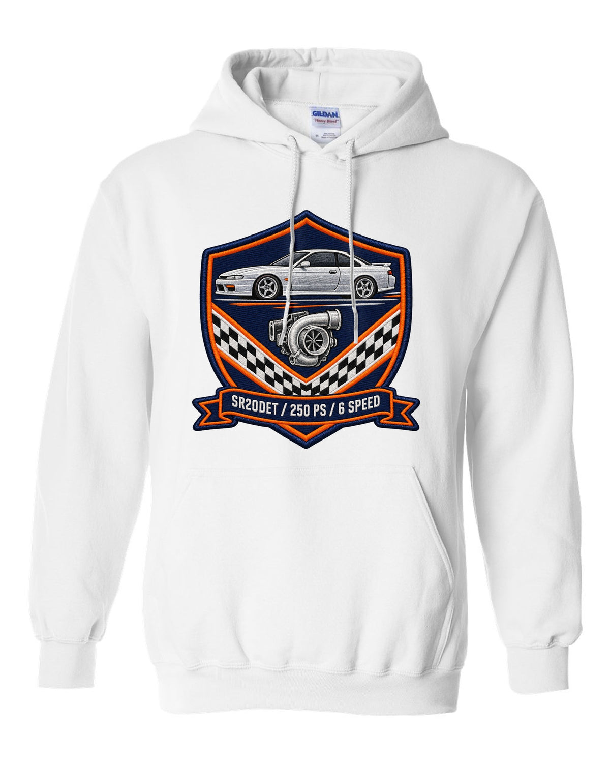 Embroidery-style shield crest print for the Nissan Silvia S15 with SR20DET 250 PS 6 speed lettering white pull over hoodie front view with the design