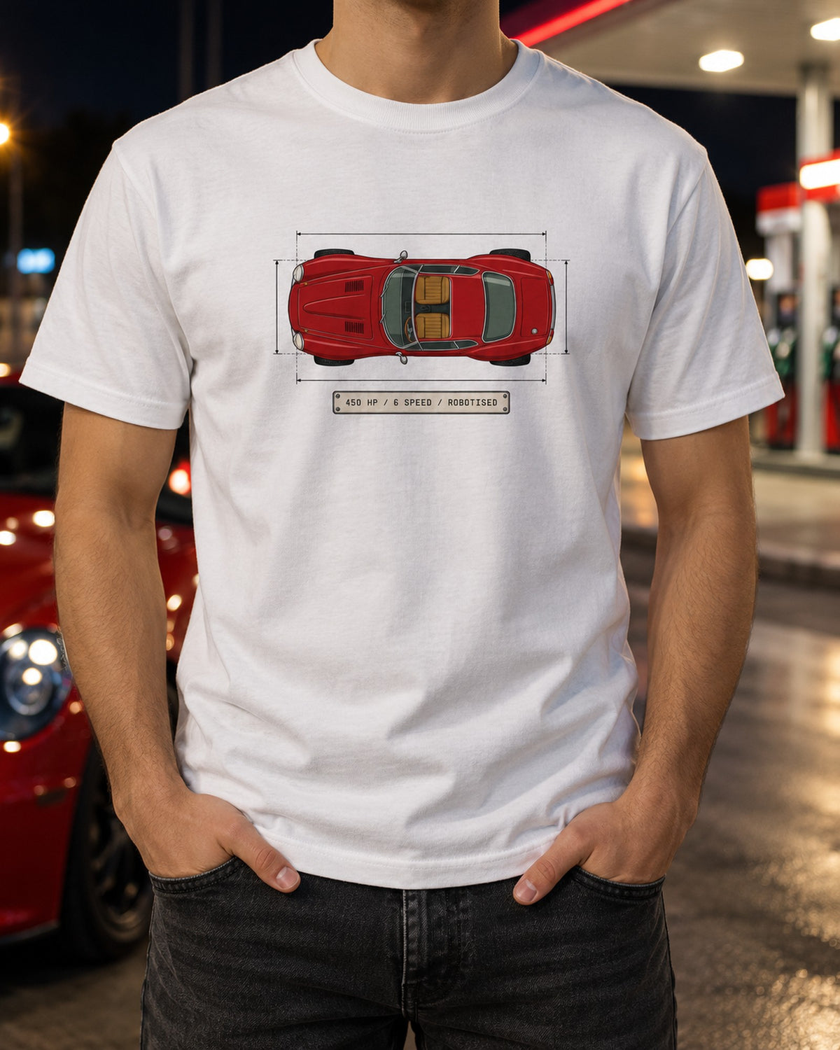 Alfa Romeo 8C Competizione Spec Sheet Tee, Robotised Gearbox T-Shirt White worn hero
