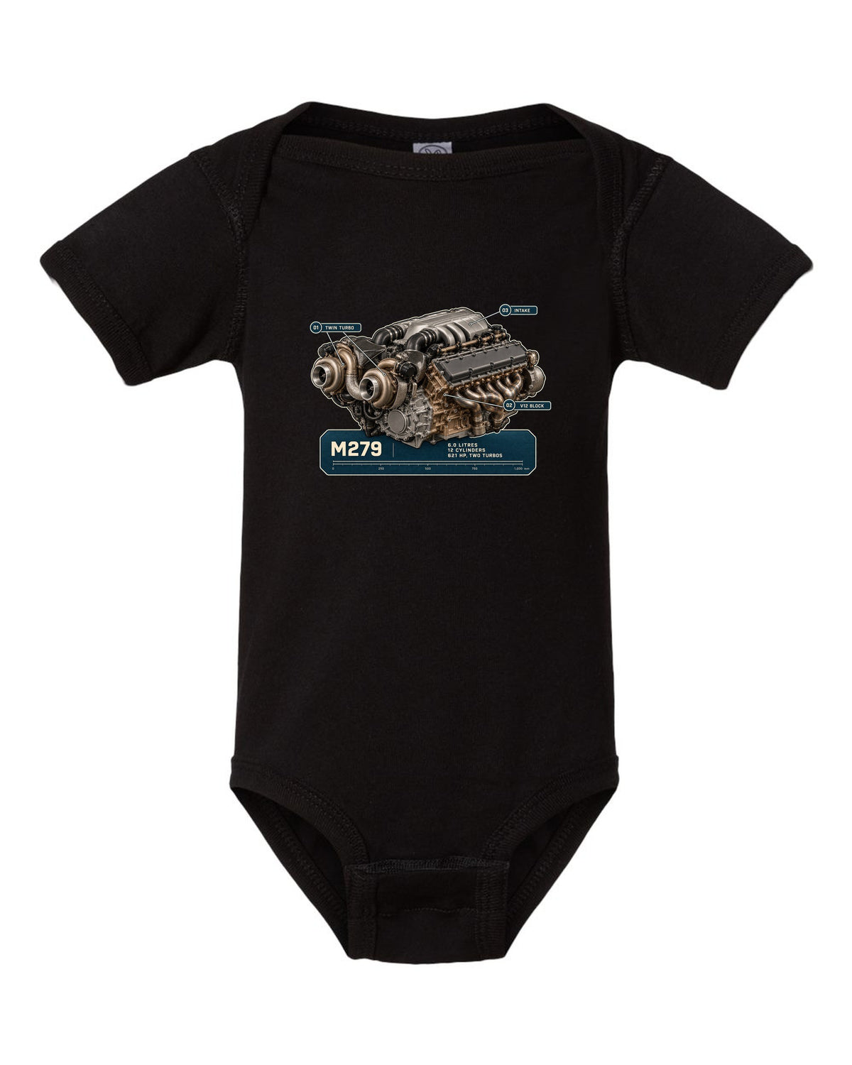 Mercedes-Maybach S680 M279 6.0 litre V12 biturbo engine hero print black baby onesie front view with the design