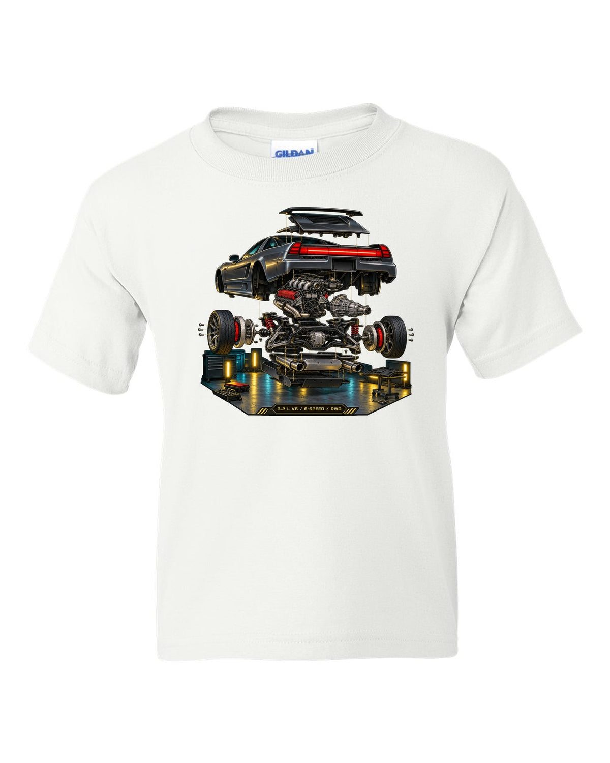 Isometric exploded diagram print of the Honda NSX NA2 with 3.2 L V6 6-speed RWD text white kids tee front view with the design
