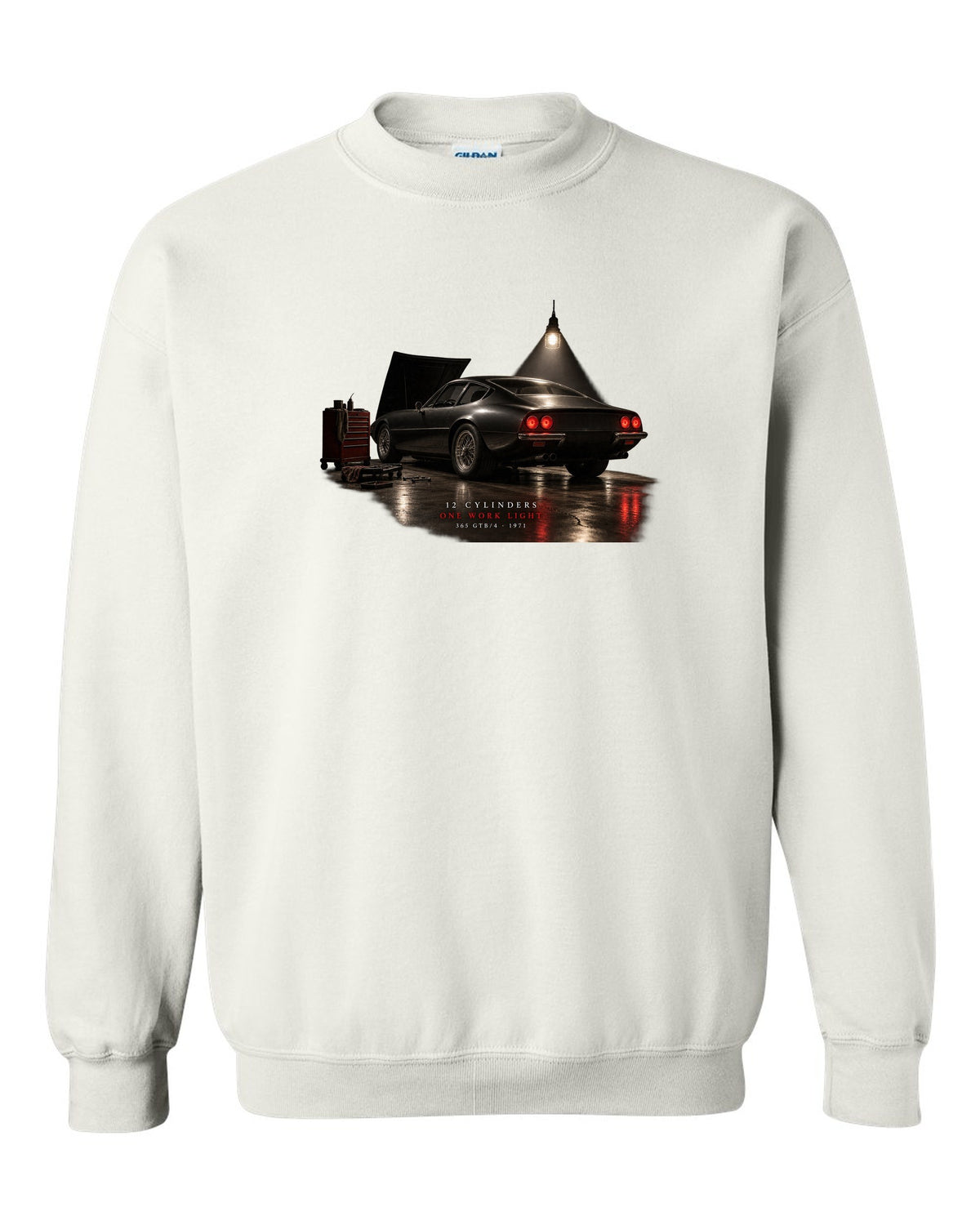 Ferrari 365 GTB/4 Daytona 1971 rear three-quarter garage night print, one work light white crewneck front view with the design