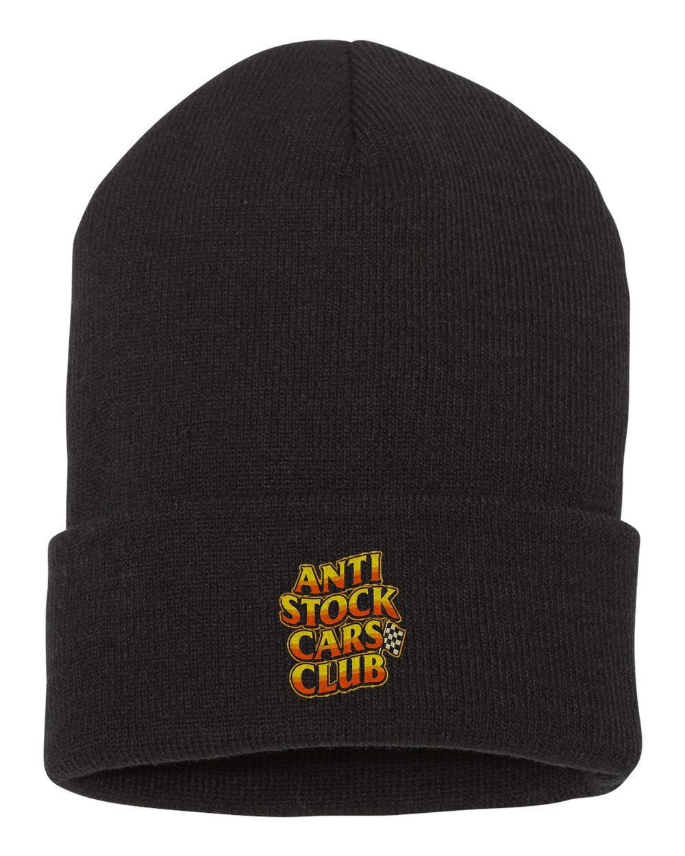 Anti Stock Cars Club 70S Stock Car Shirt, Hoodie & More black beanie front view with car name