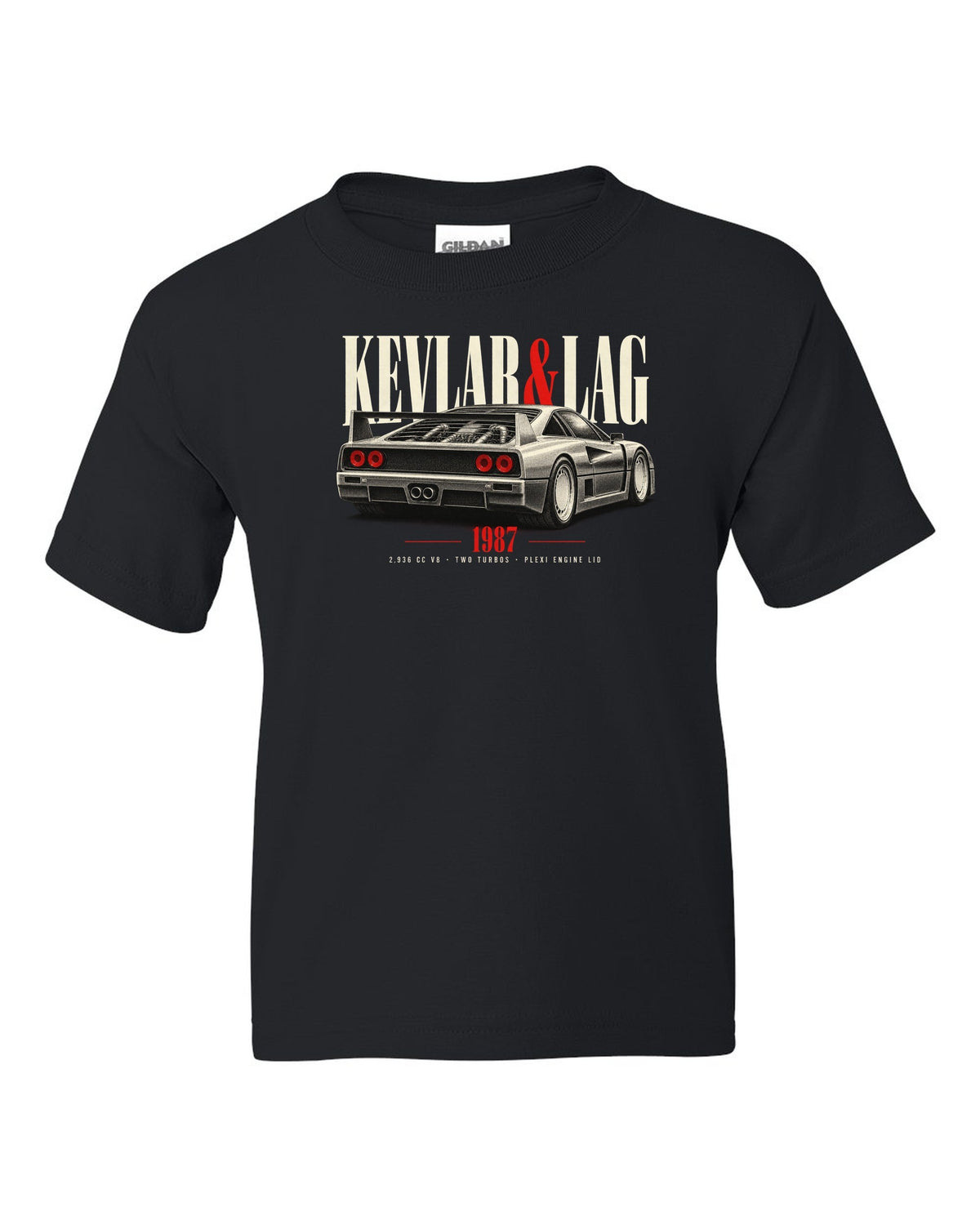 Ferrari F40 1987 rear three-quarter print headed Kevlar and Lag, 2,936 cc V8 black kids tee front view with the design