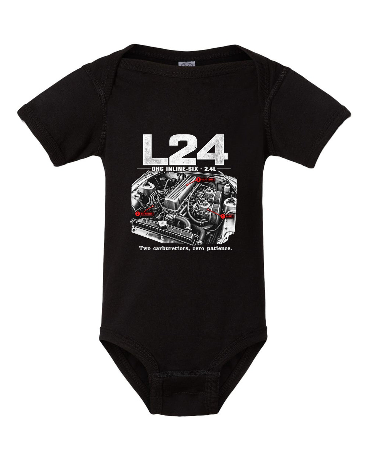 Engine bay print of a Datsun 240Z S30 L24 inline-six with carburettors black baby onesie front view with the design
