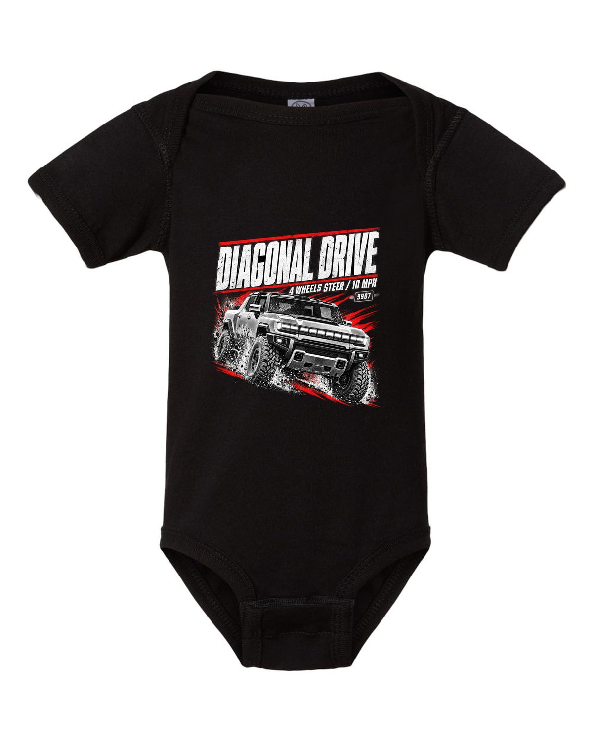 GMC Hummer EV pickup moving diagonally in a race poster design black baby onesie front view with the design