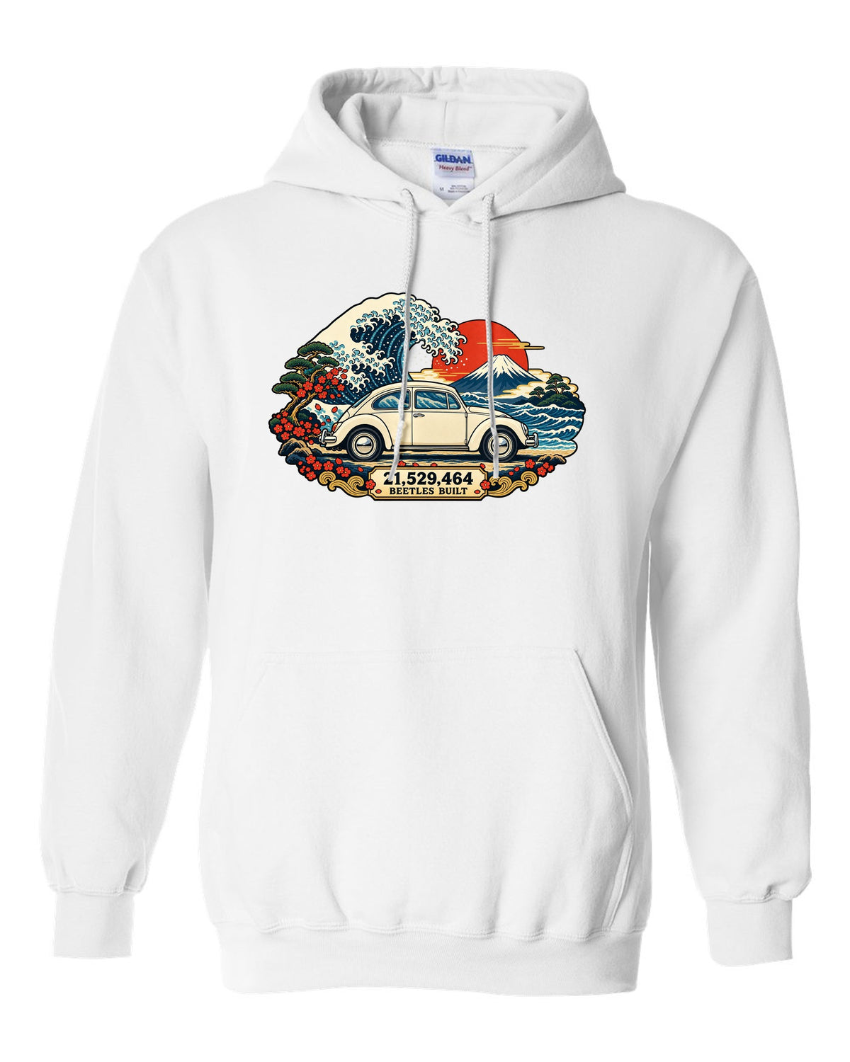 Ukiyo-e woodblock wave print of a VW Beetle Type 1 with 21,529,464 Beetles built text white pull over hoodie front view with the design