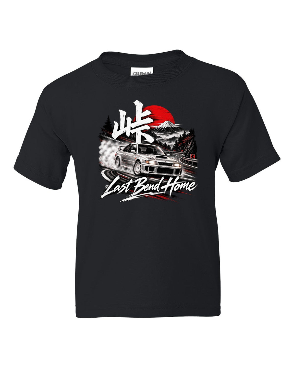 Subaru Impreza WRX GC8 coupe at a night touge bend with Last Bend Home text black kids tee front view with the design